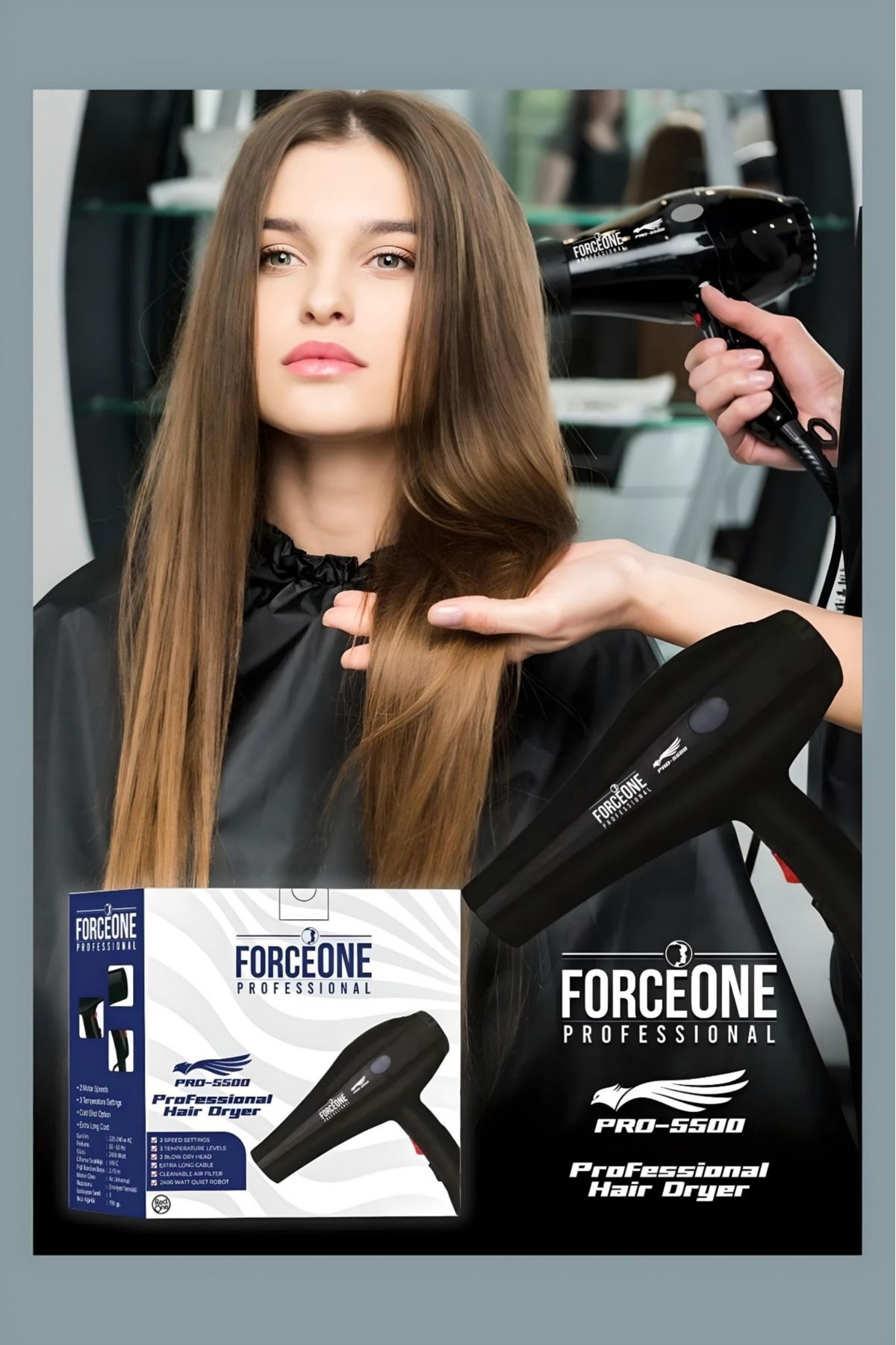 FORCEONE Kuaför Tipi Pro 5500 Turbo Profesyonel Saç Krutma Ve Fön Makinesi 2400 Watt