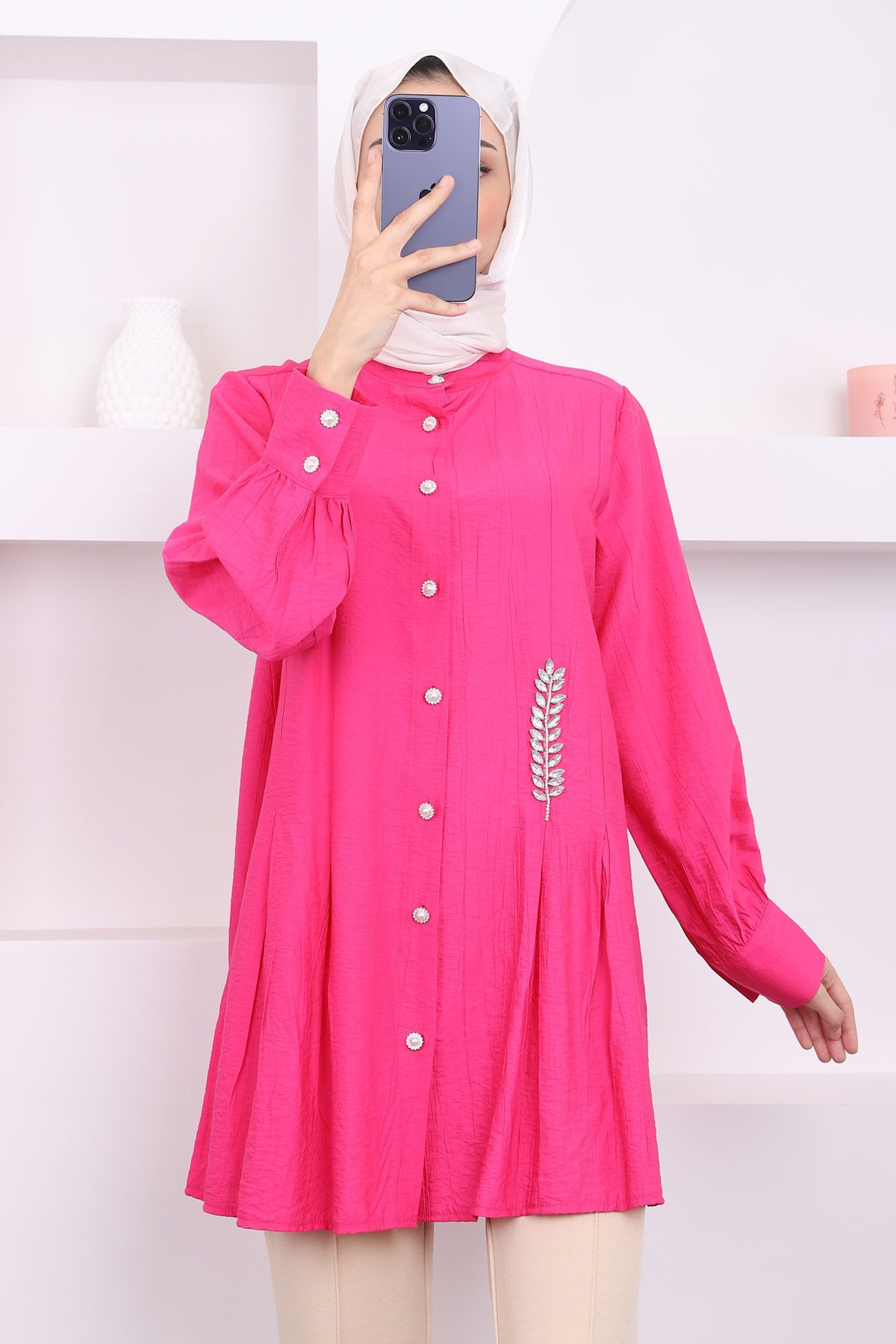 İmajButik-Fuchsia Pleated Stone Detailed Tunic 4