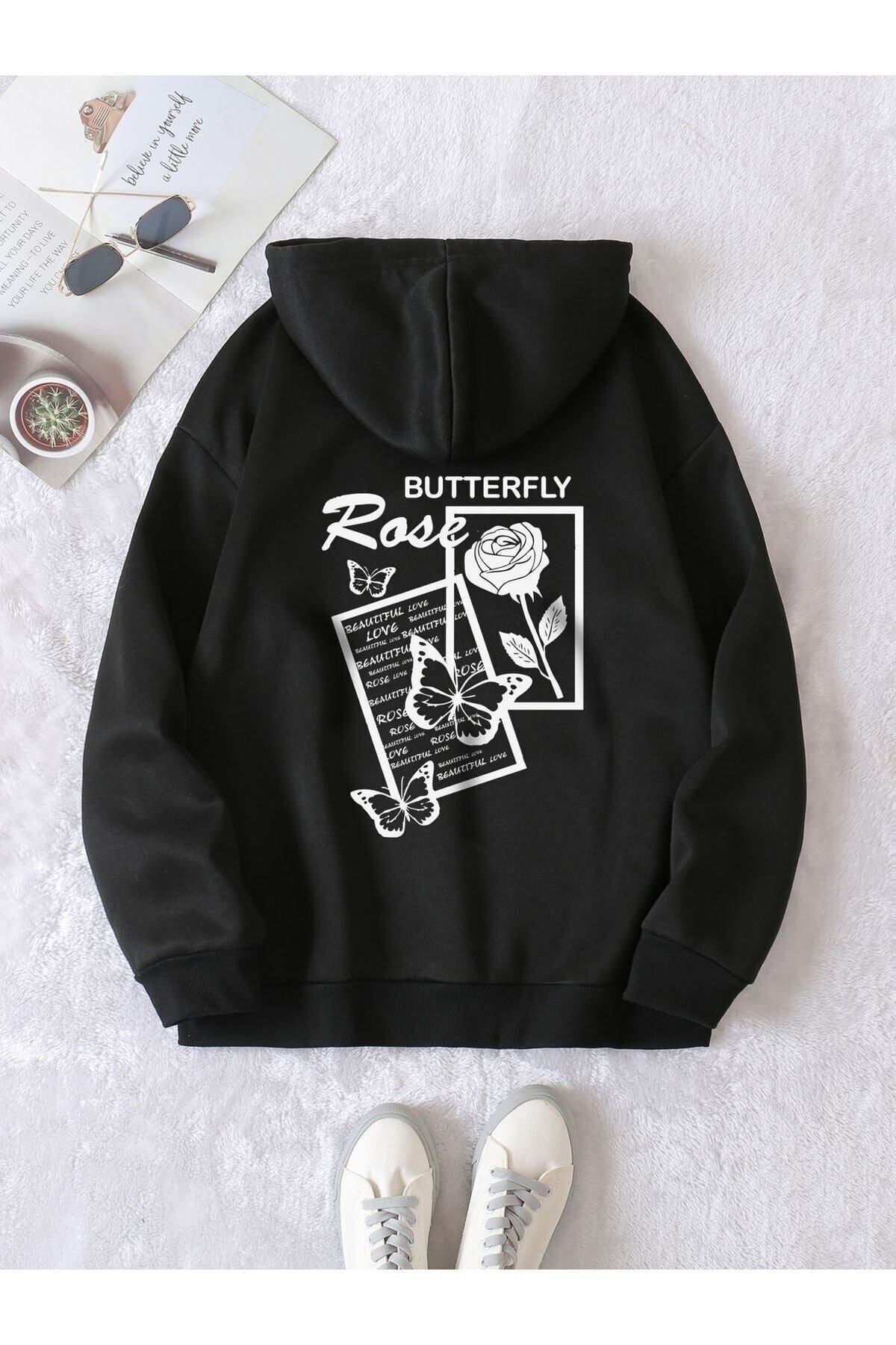 GIANTSTORE Kadın Siyah Rose Baskılı Oversize Kapüşonlu Sweatshirt