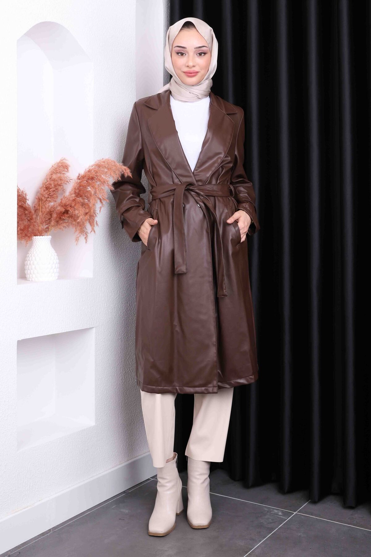 İmajButik-Brown Waist Belted Leather Trench with Pockets 3