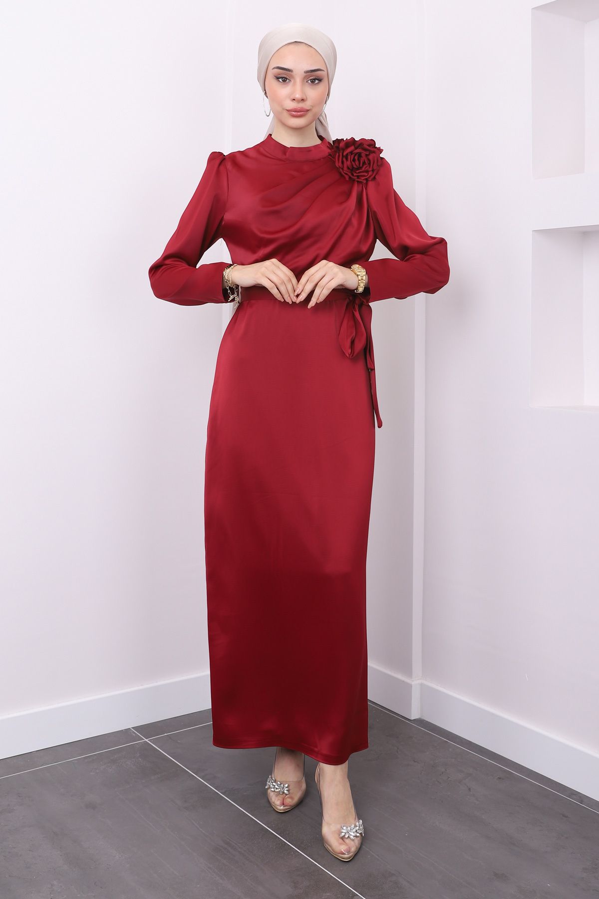 İmajButik-Rochie de seara din satin burgundy cu detaliu bronz 1