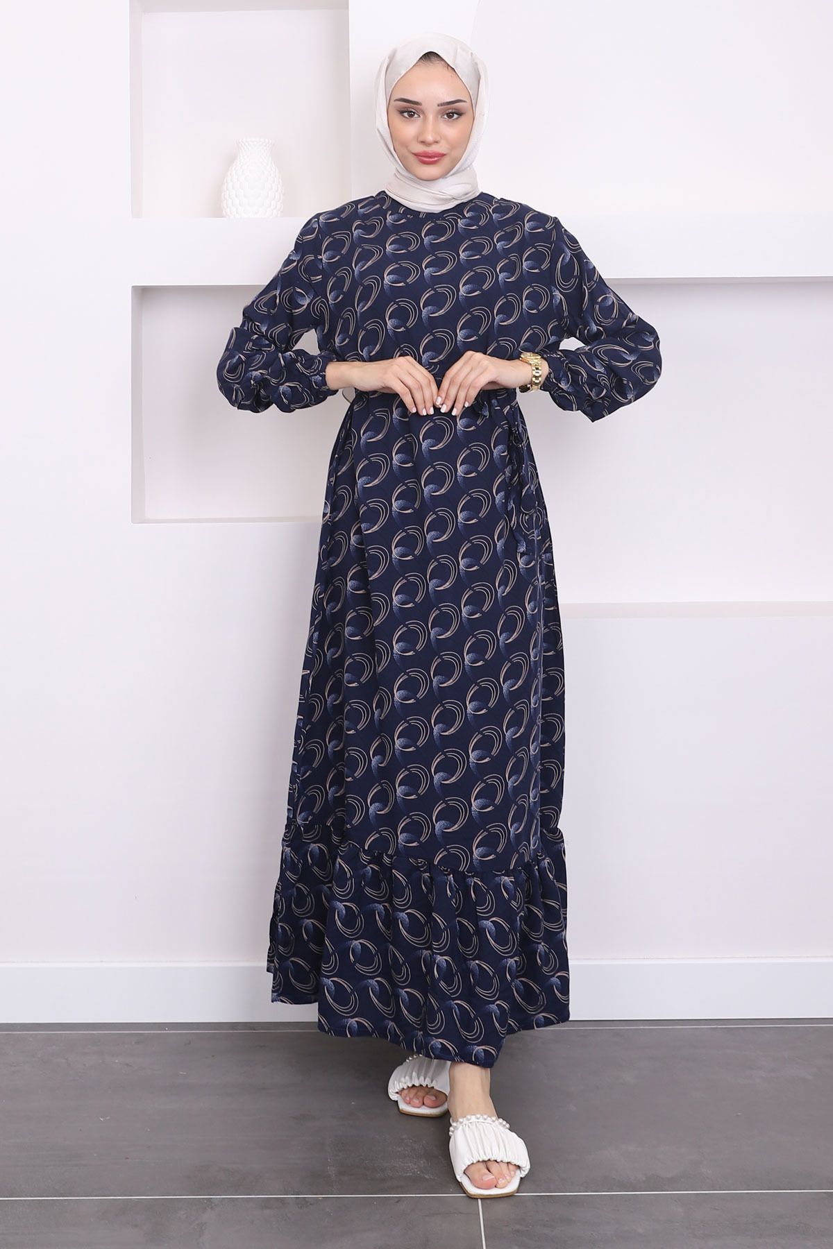 İmajButik-Navy Blue Viscose Dress with Layered Skirt - Patterned 1