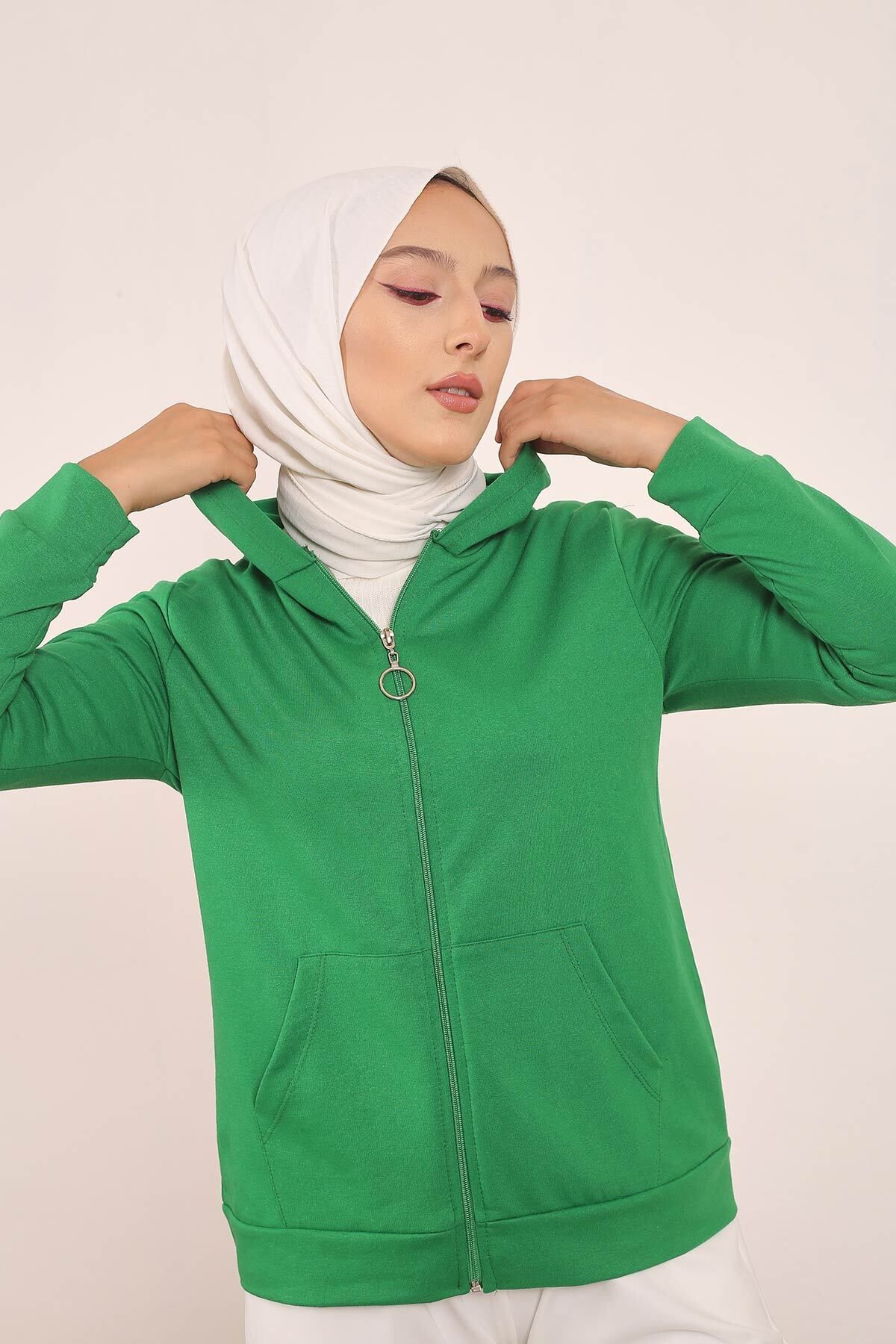 İmajButik-Green Hooded Sweatshirt Cardigan with Front Zipper Pocket 3