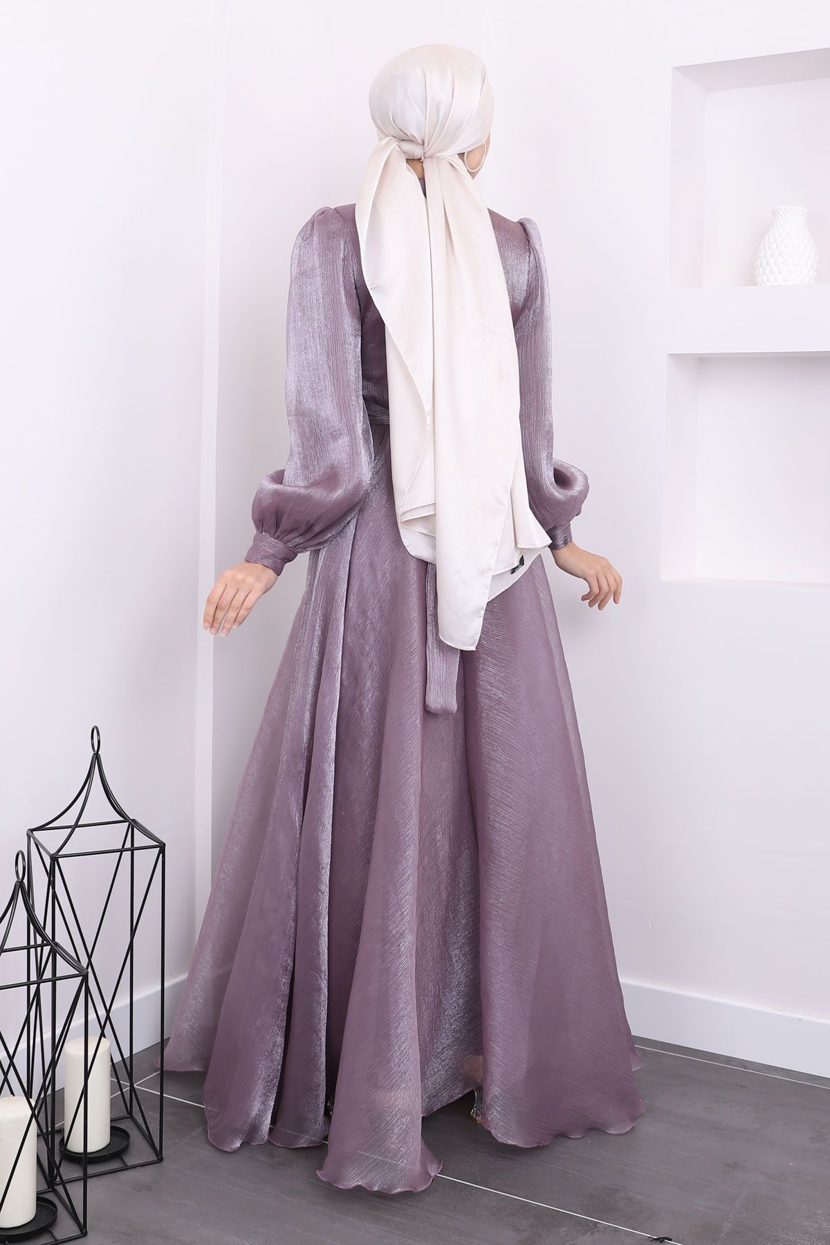 İmajButik-Lilac Neckline Waist Pleated Evening Dress 4