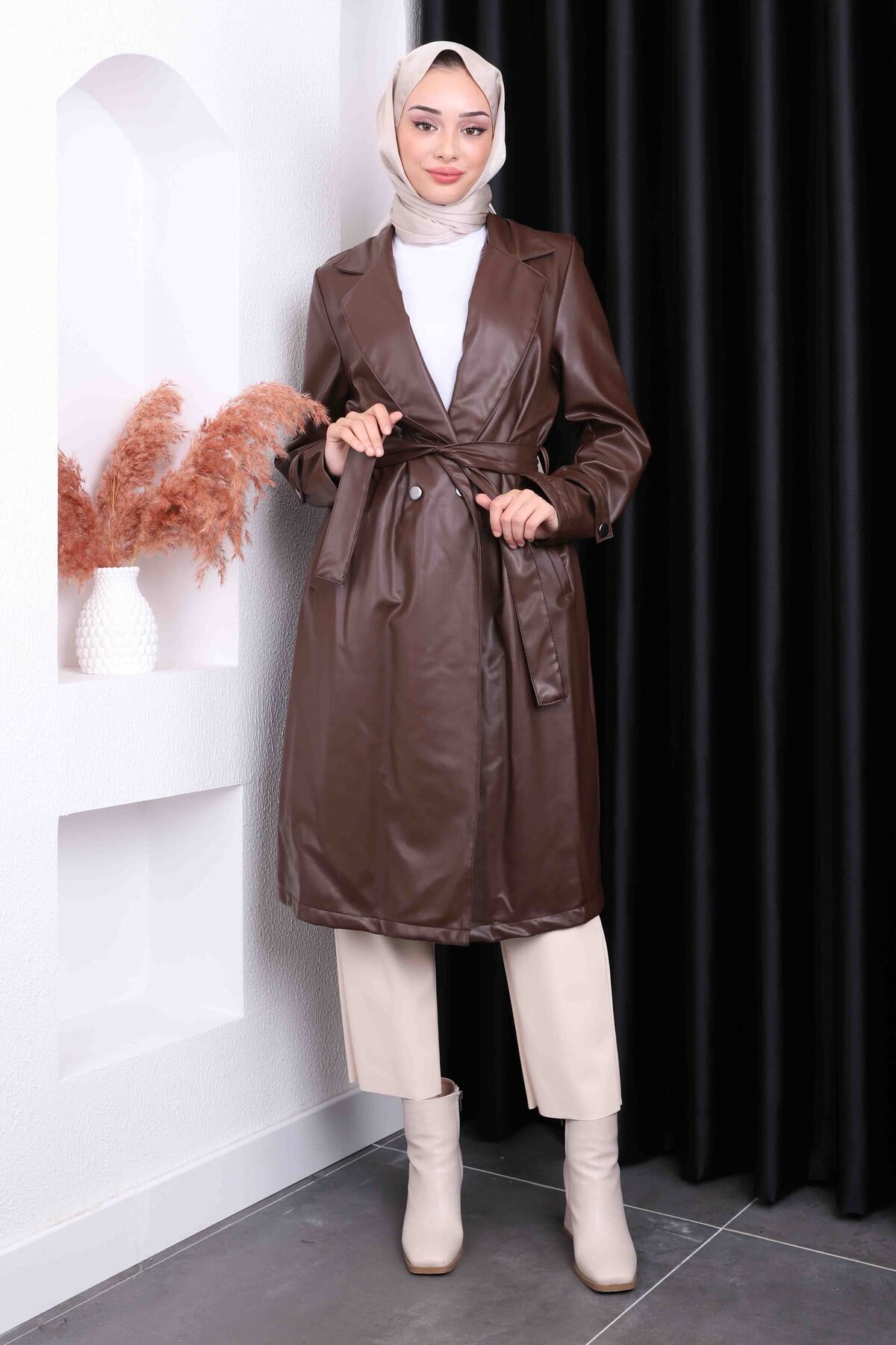 İmajButik-Brown Waist Belted Leather Trench with Pockets 2