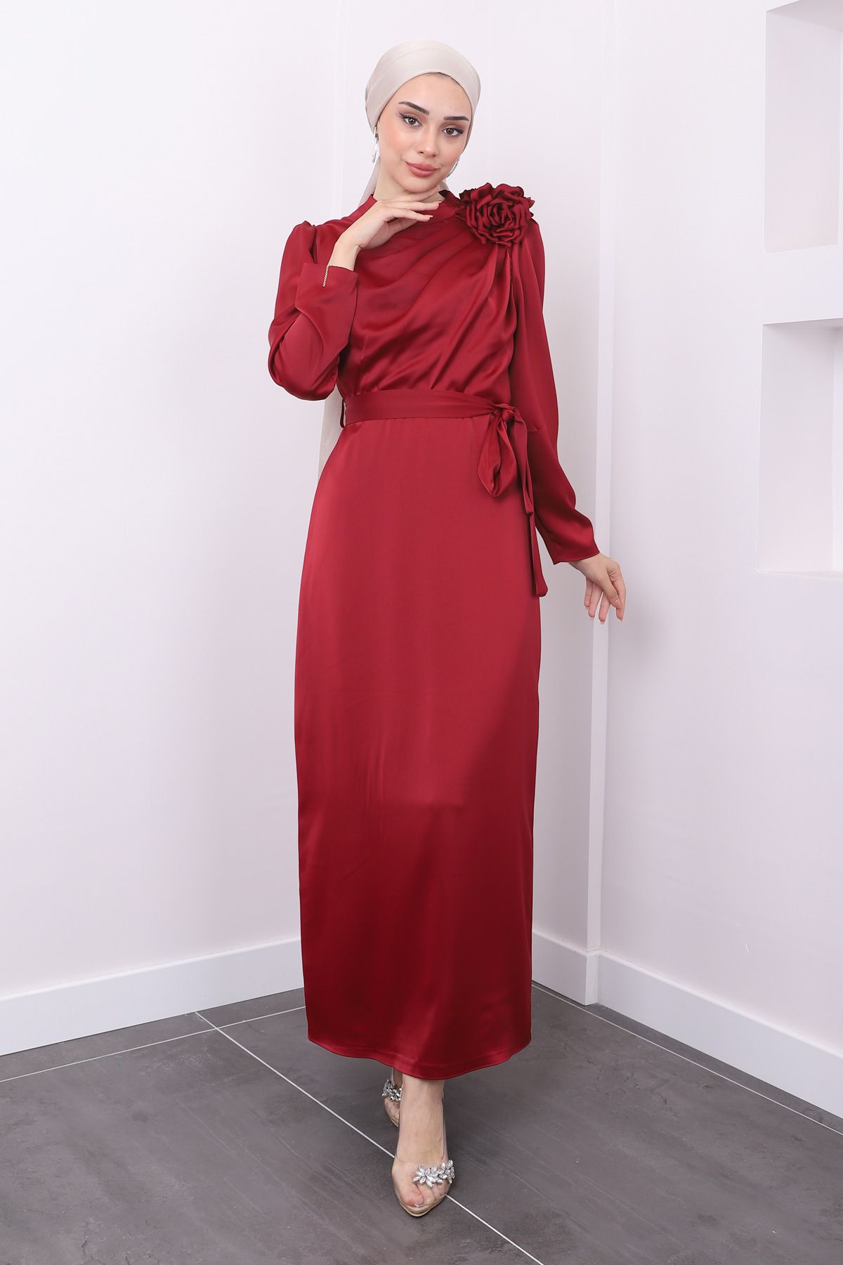 İmajButik-Rochie de seara din satin burgundy cu detaliu bronz 3