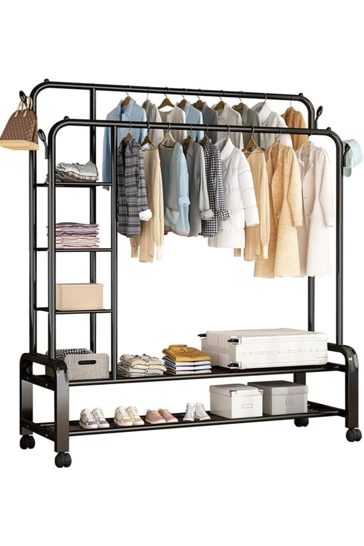 ALMUFARREJ-Metal Clothes Hanger Organizer Clothes Stand and Side Shelves Black with Wheels 2