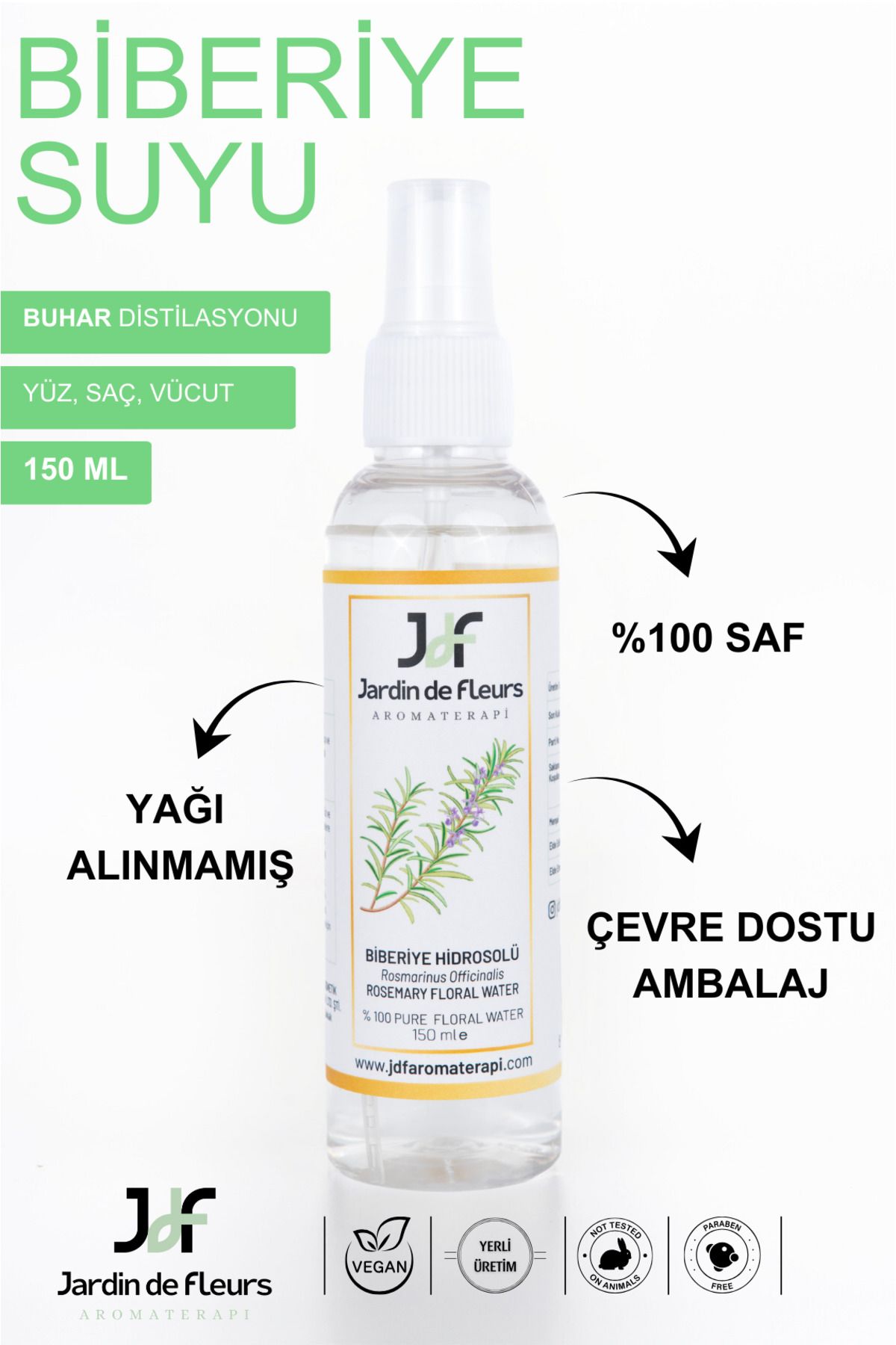 JARDIN DE FLEURS Biberiye Suyu 150 ml %100 Saf Aromaterapi Hidrosolü, Dökülme Karşıtı, Saçı Uyaran