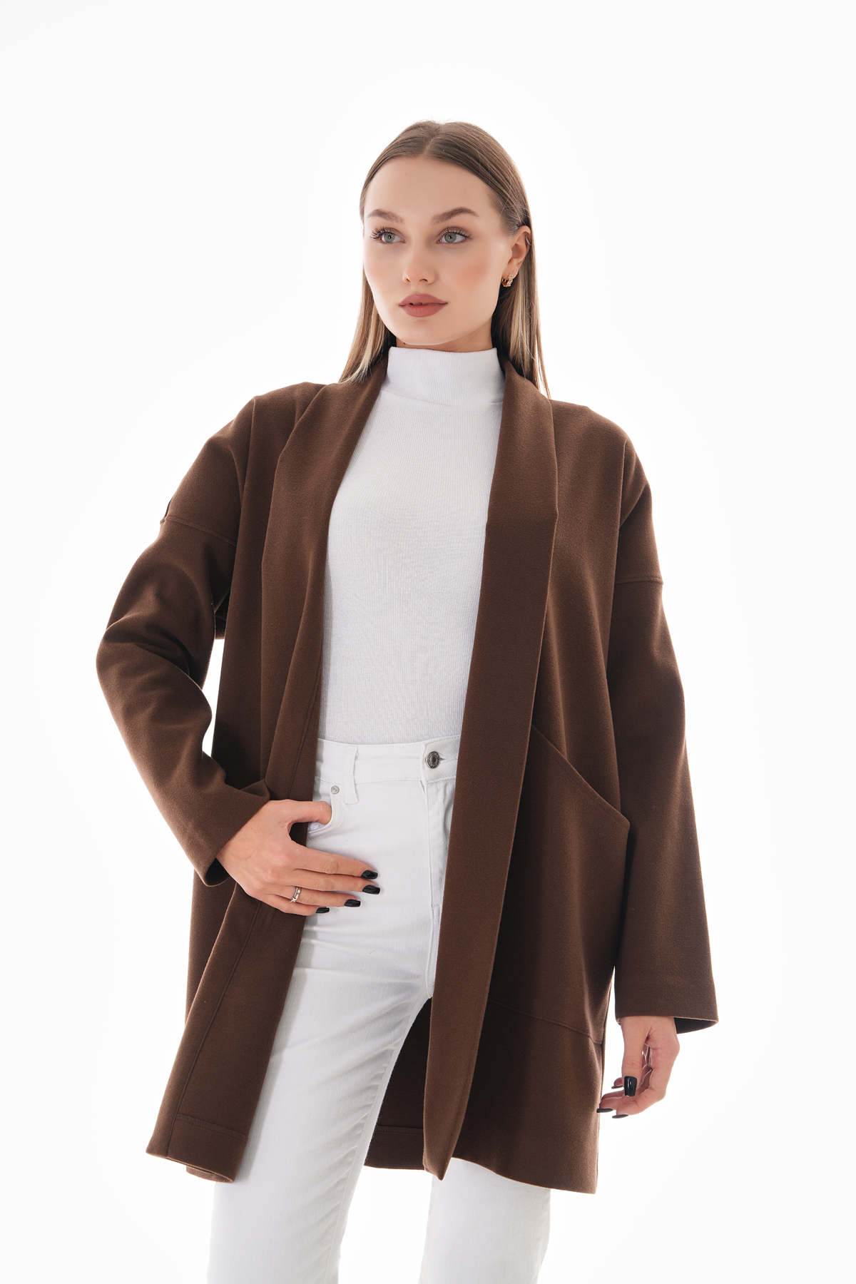 Kahverengi Kışlık Günlük Oversize Standart Kısa Kaliteli Kaşe Kaban 36-44 Beden — قهوه‌ای 515 — تصویر 4 از 9