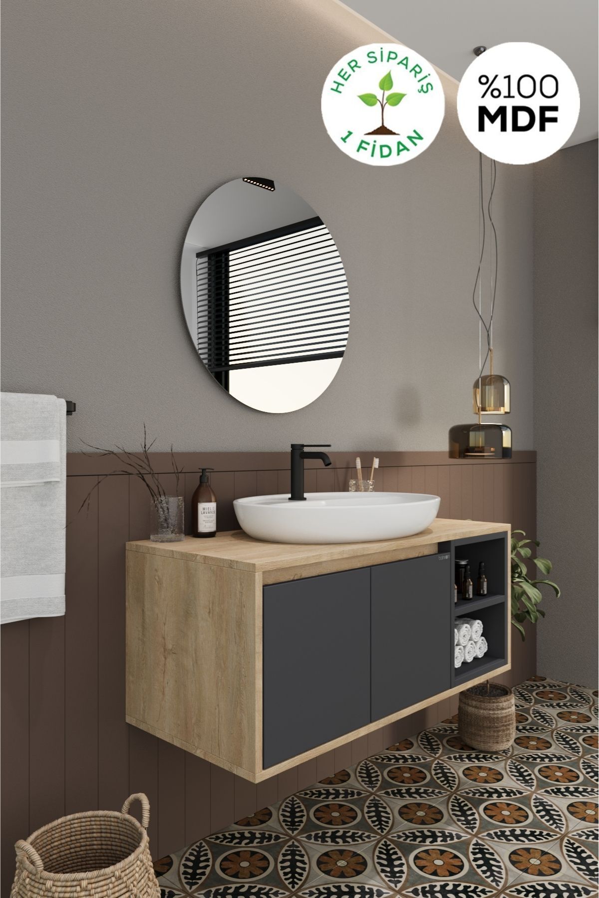 BALNEOM Gül 90 Cm Demonte Lavabolu Banyo Dolabı Ayna Alt Dolap Lavabo