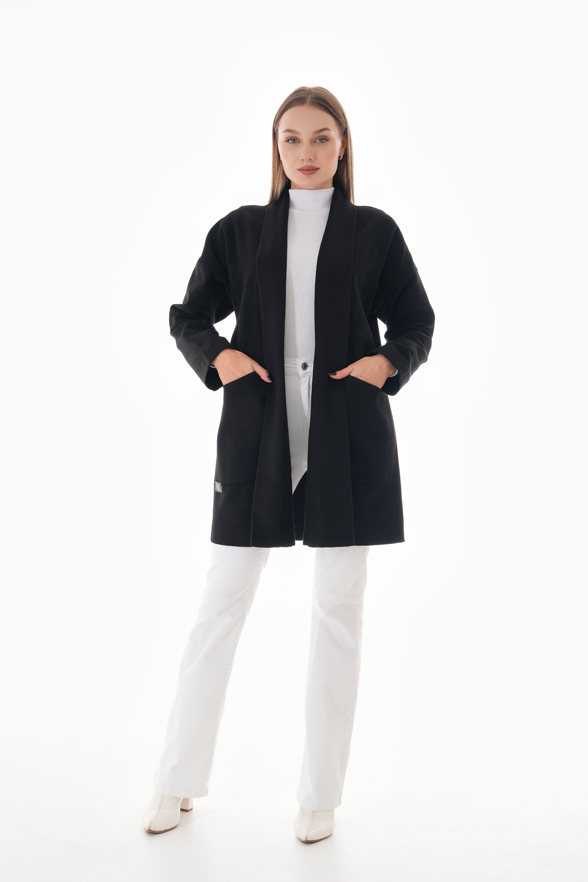 Siyah Kışlık Günlük Oversize Standart Kısa Kaliteli Kaşe Kaban 36-44 Beden — مشکی 515 — تصویر 6 از 9