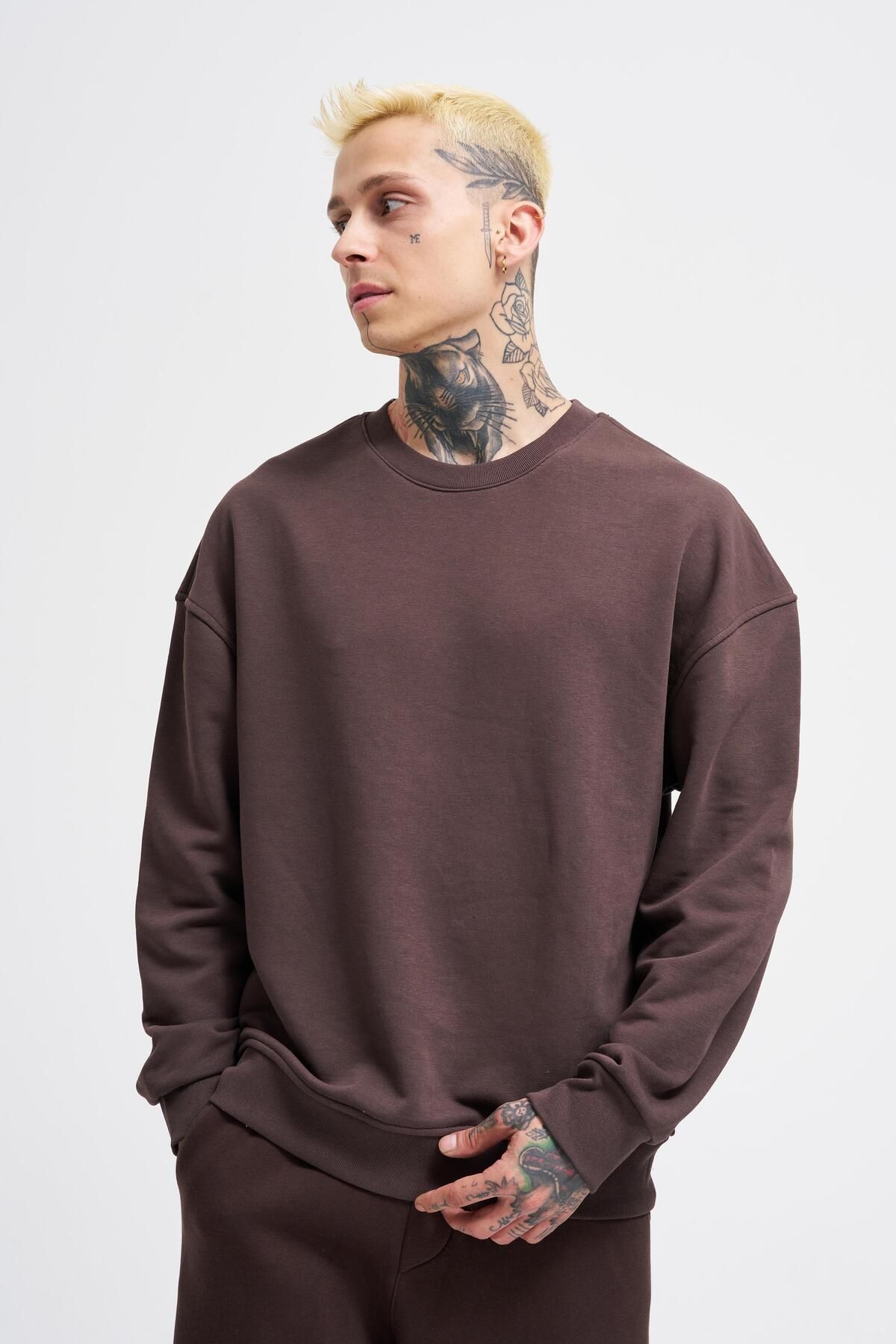 Erkek Basic Oversize Kahve Sweatshirt - 2
