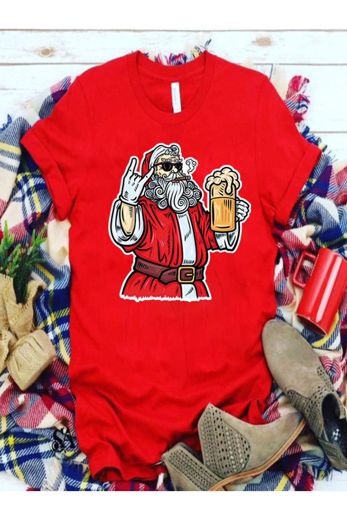 Pisa Art Yılbaşı Yeniyıl Noel Temalı Kırmızı Serisi Unisex Özel Tasarım T-Shirt