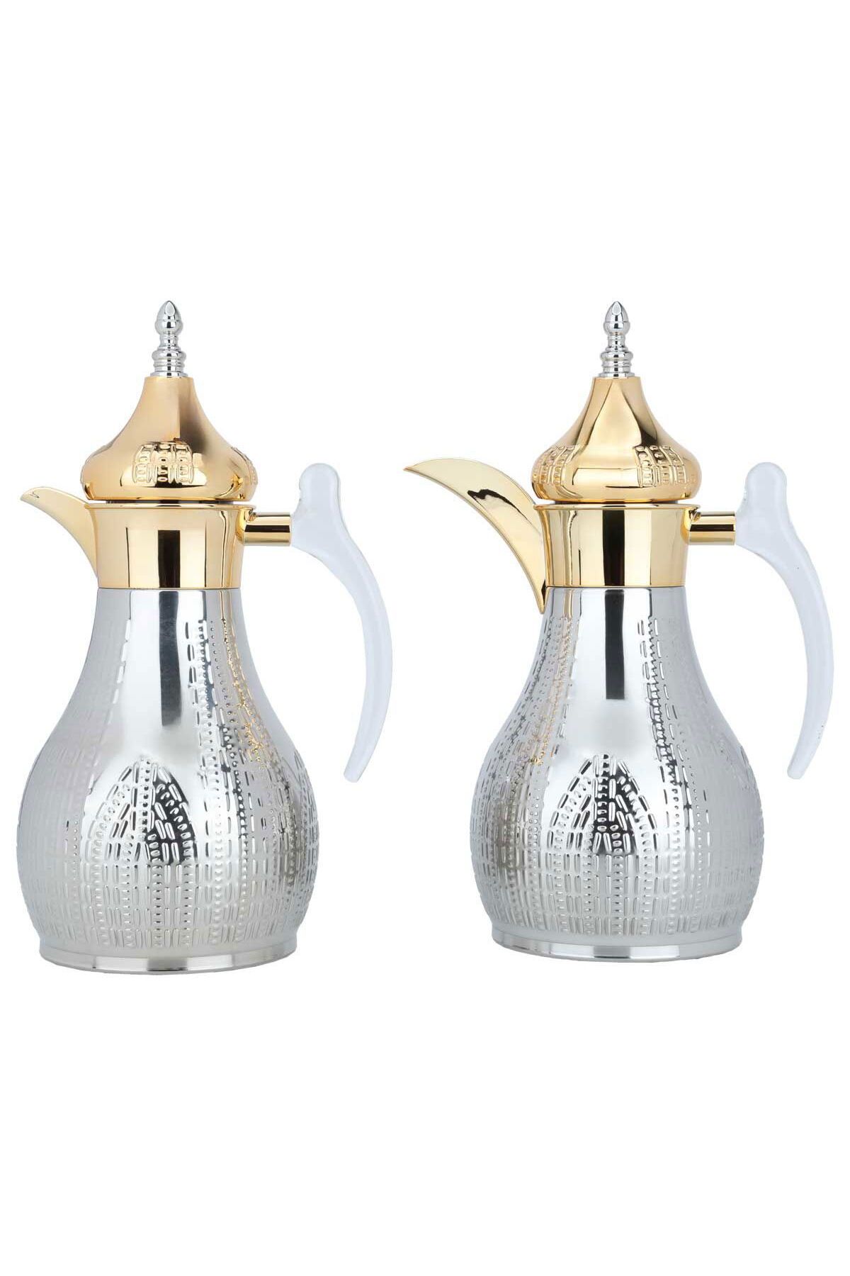 Alsaif Gallery-Haila Thermos Set, Engraved Silver, Golden Mouth, And Transparent Handle 1