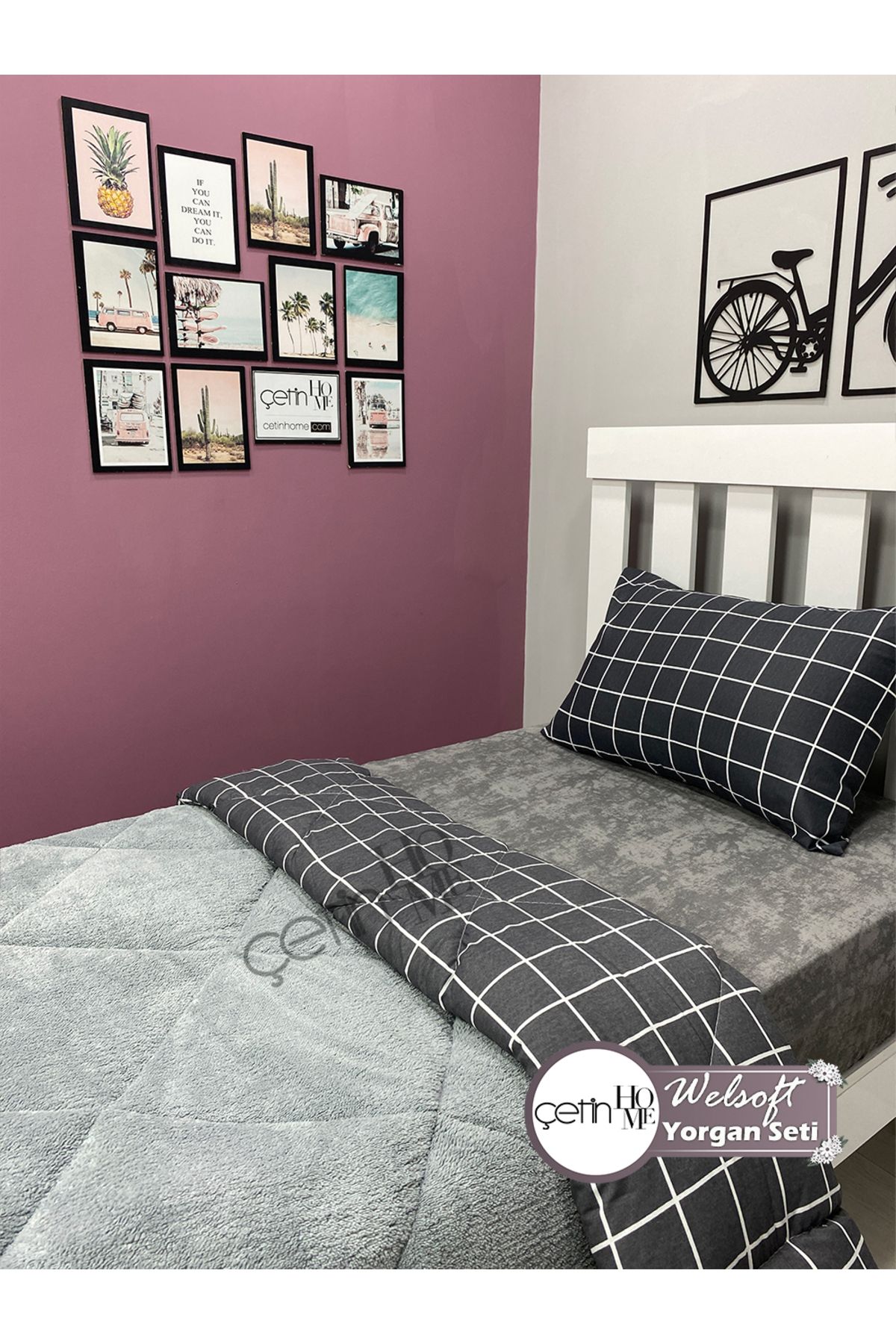 Çetinhome-Single Reversible Welsoft Quilt with Pillow Case Soft Surface 155x215cm Square Anthracite 3