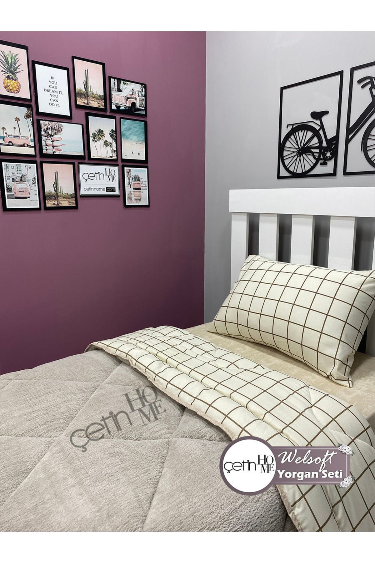 Çetinhome-Single Reversible Welsoft Quilt with Pillow Case Soft Surface 155x215cm Square Cream 3