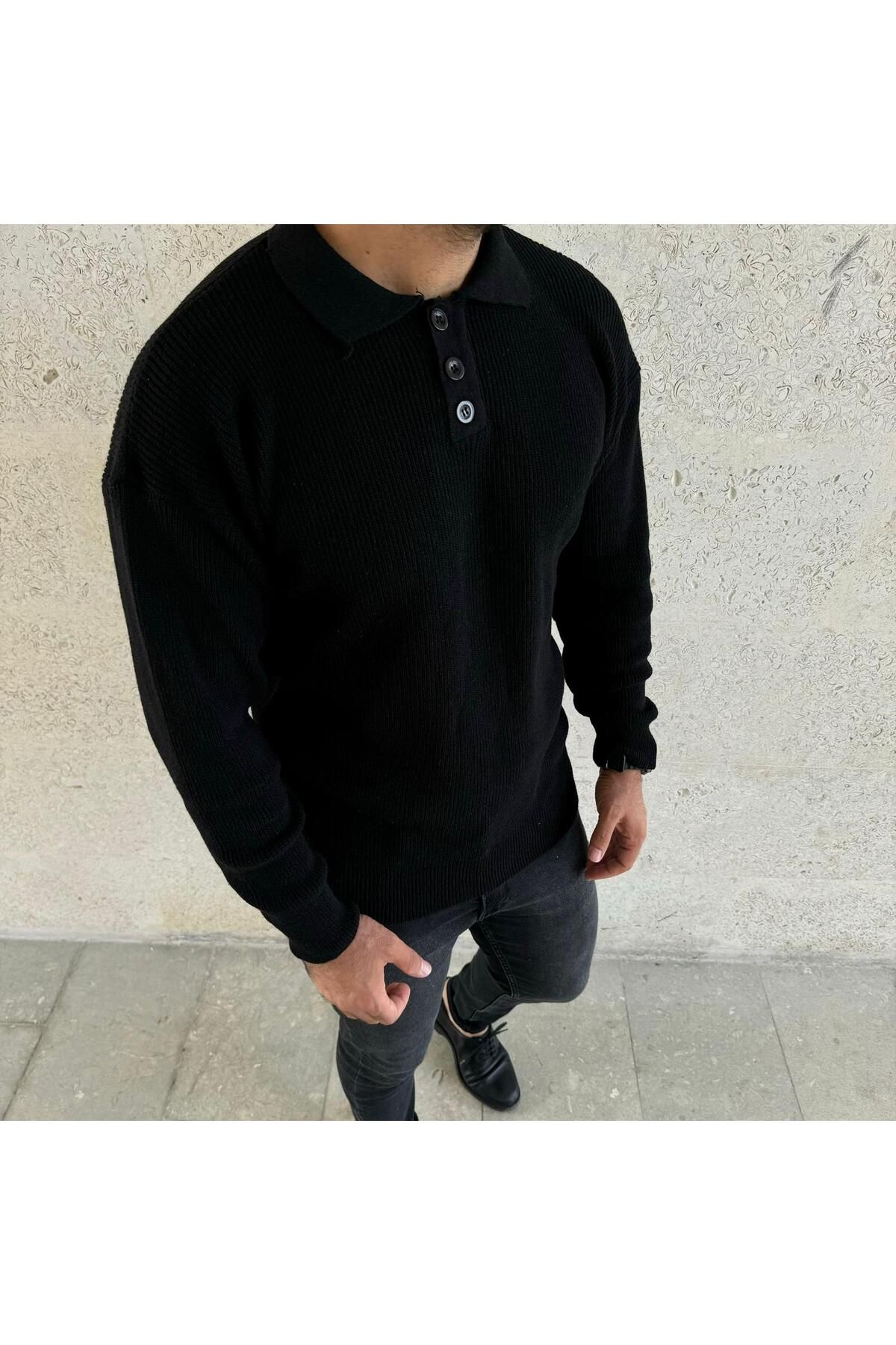 Black Sokak-Men's Black Buttoned Polo Collar Knitwear Sweater 2