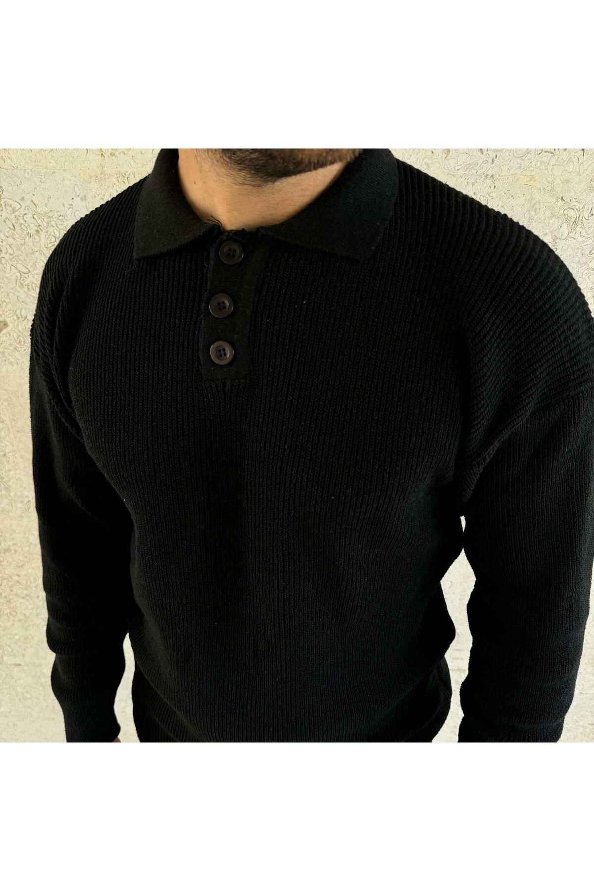 Black Sokak-Men's Black Buttoned Polo Collar Knitwear Sweater 1