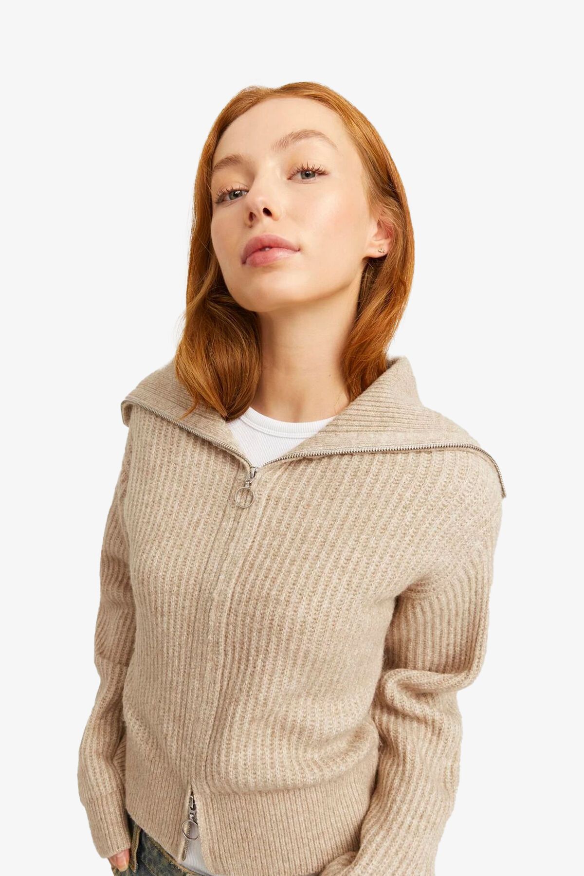 JJXX-Women's Beige Cardigan - Jxgılly Diverse, Zip-Up, Peyote 12255361 2