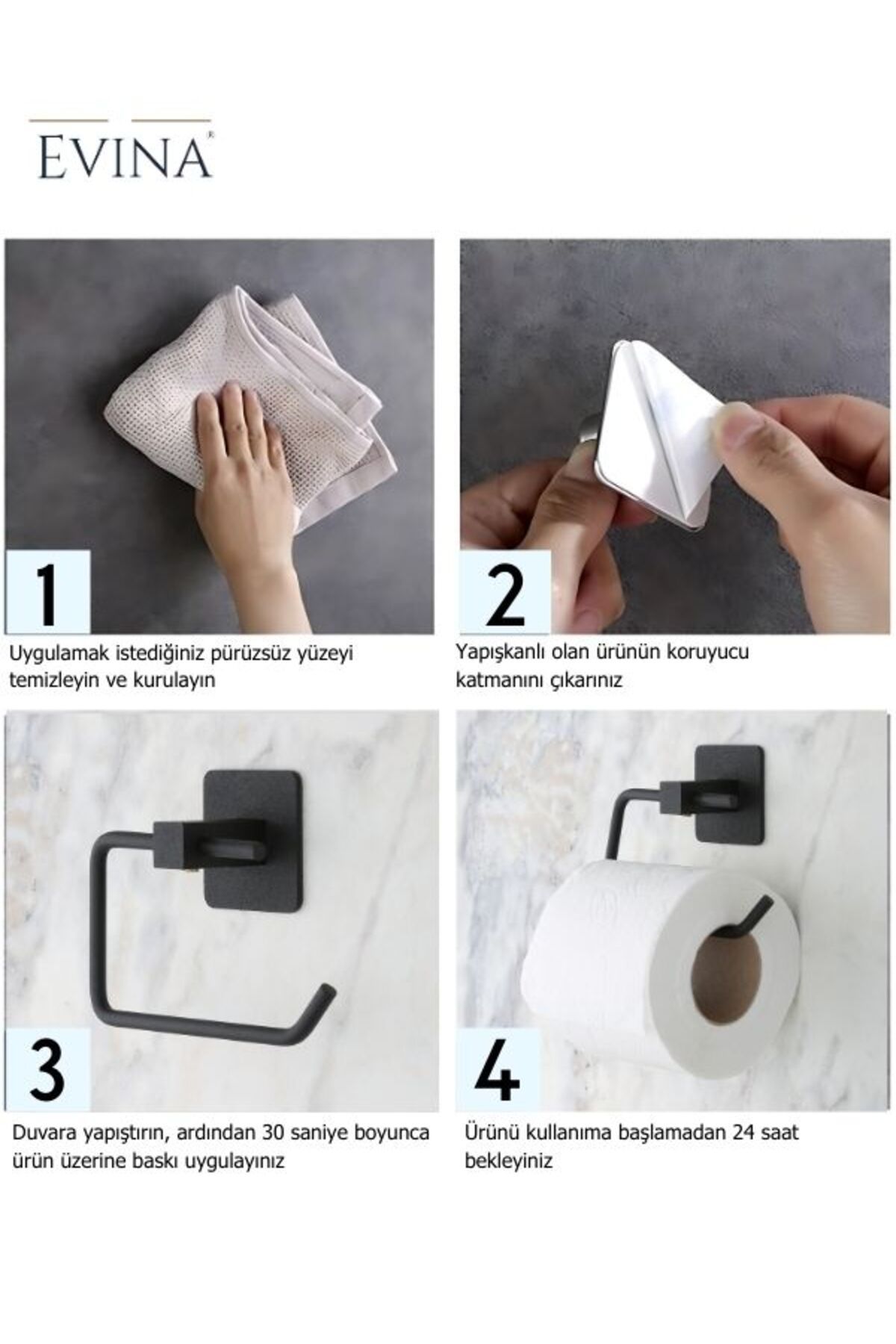 evina-Black Square Adhesive Long Towel Holder Set - Roll & Wc Toilet Paper Holder 8