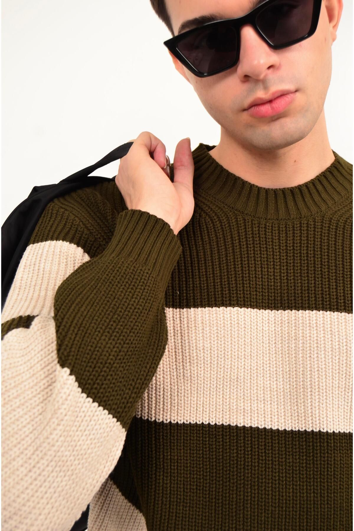 Figo-Striped Crew Neck Thick Sweater 4