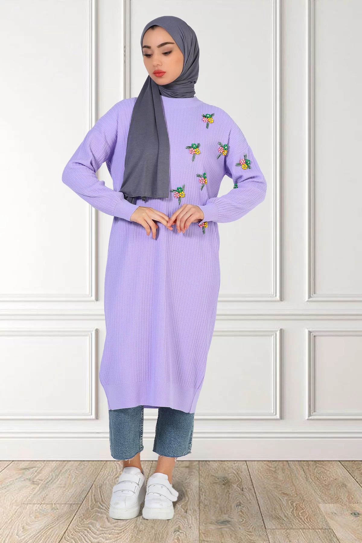 julude-Lilac Women's Crew Neck Bead Embroidered Hijab Knitwear Tunic 2