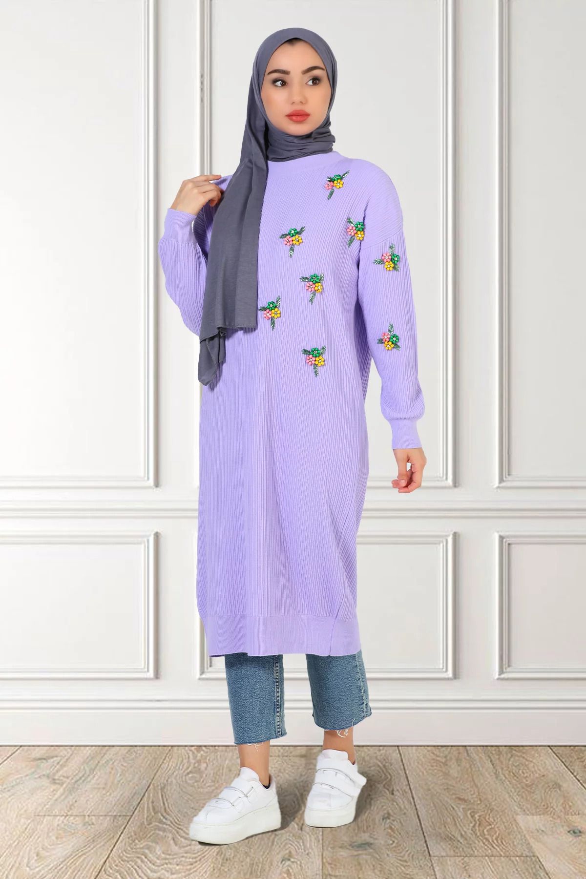 julude-Lilac Women's Crew Neck Bead Embroidered Hijab Knitwear Tunic 1