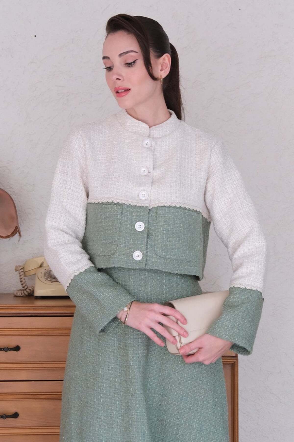 Ceylan Otantik-Green Tweed Skirt - Jacket Set 5