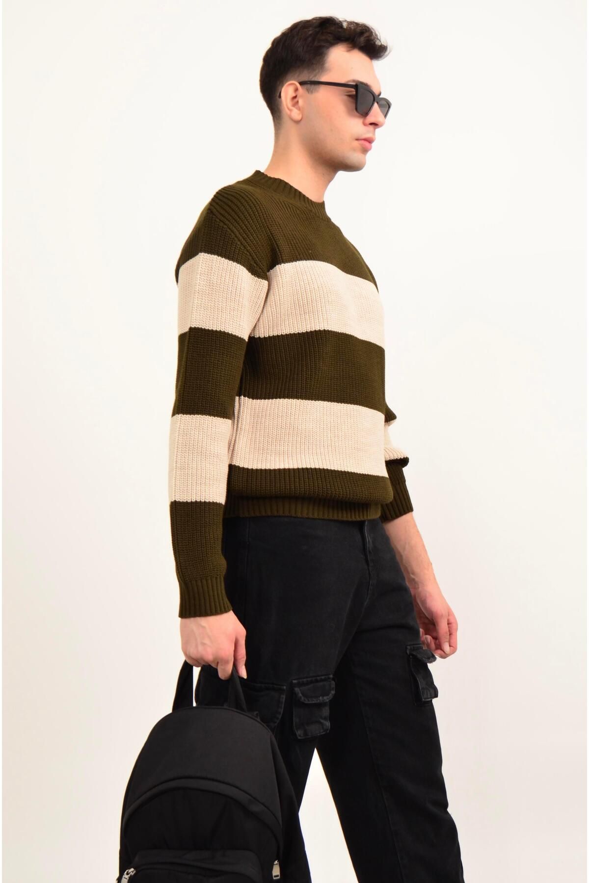 Figo-Striped Crew Neck Thick Sweater 3