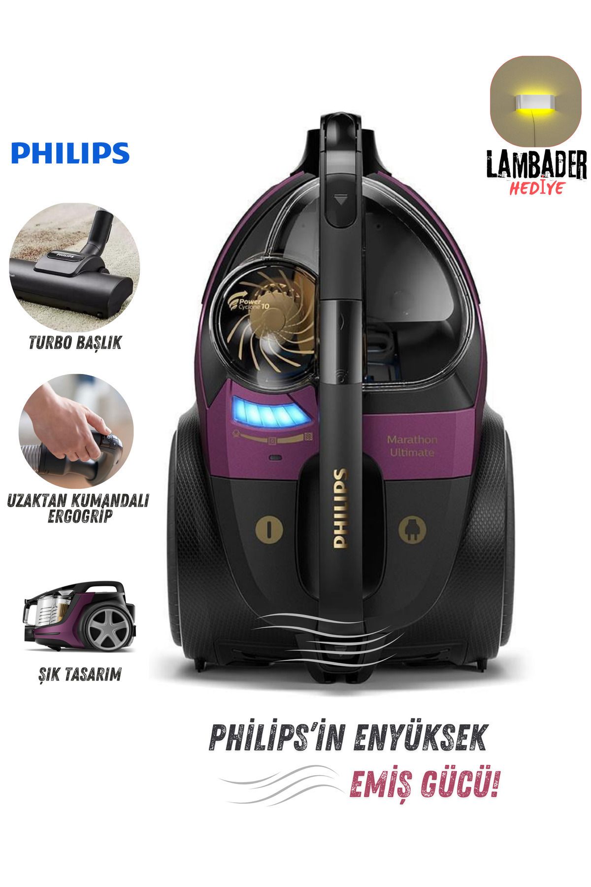 Philips Turbo Başlıklı Powercyclone 10, Powermax Sensör Teknoloji, Hepa Filtreli Premium Torbasız Süpürge