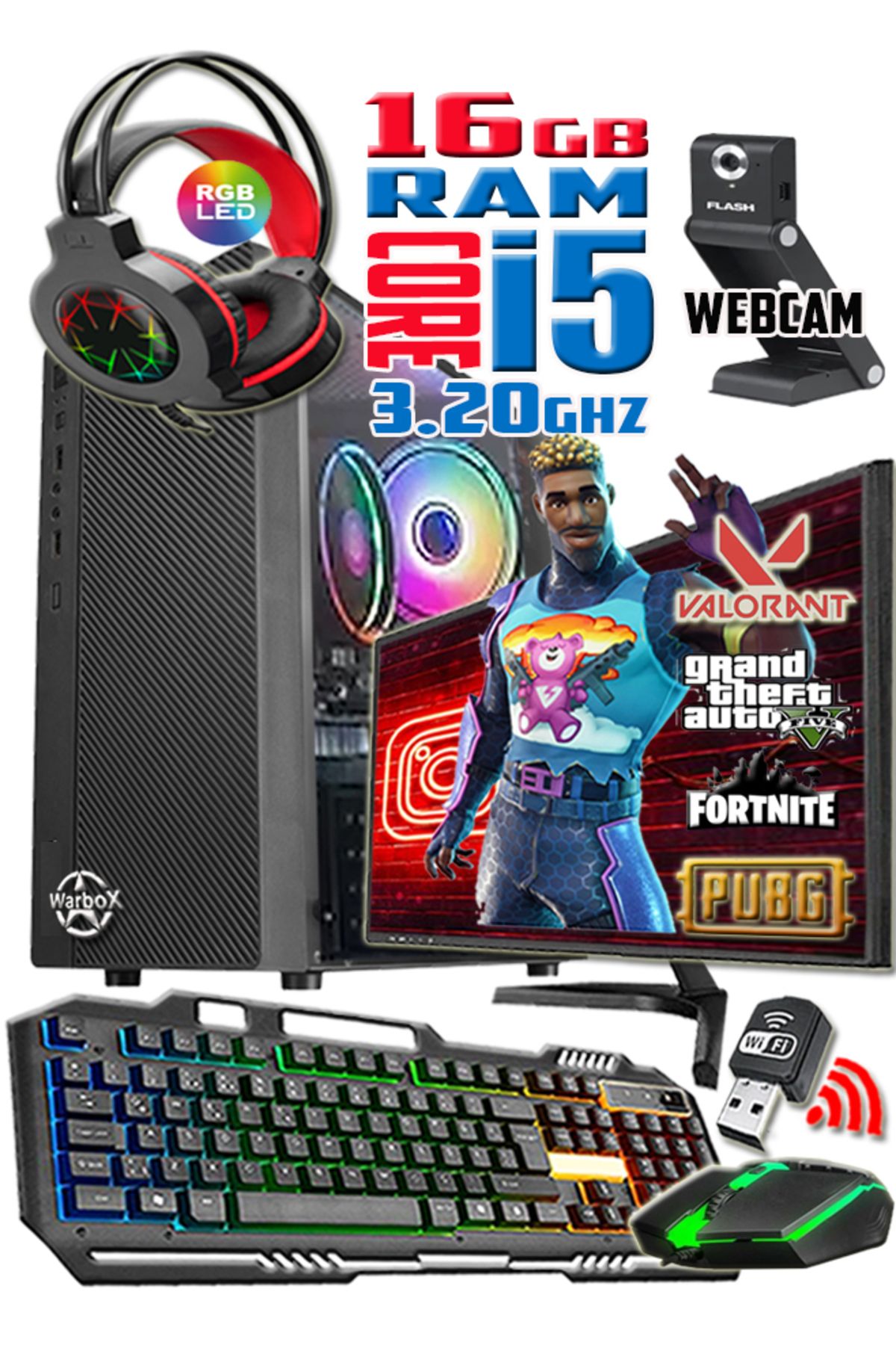 WARBOX Neon I5 750 Turbo:3.20ghz 8gb Ram 128gb Ssd 250gb Hdd R7 240 4gb E.kartı 19" Monitör Gaming Set