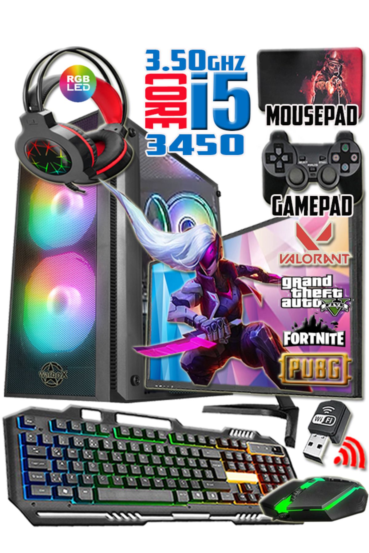 WARBOX Power I5 3350p Turbo:3.30ghz 16gb Ram 256gb Ssd 250gb Hdd R7 240 4gb E.kart 21.5"monitör Gaming Set