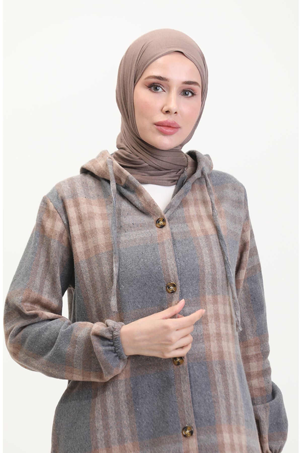 sefamerve-Mink Lumberjack Fabric - Hooded and Buttoned, 0534-01 Model 3