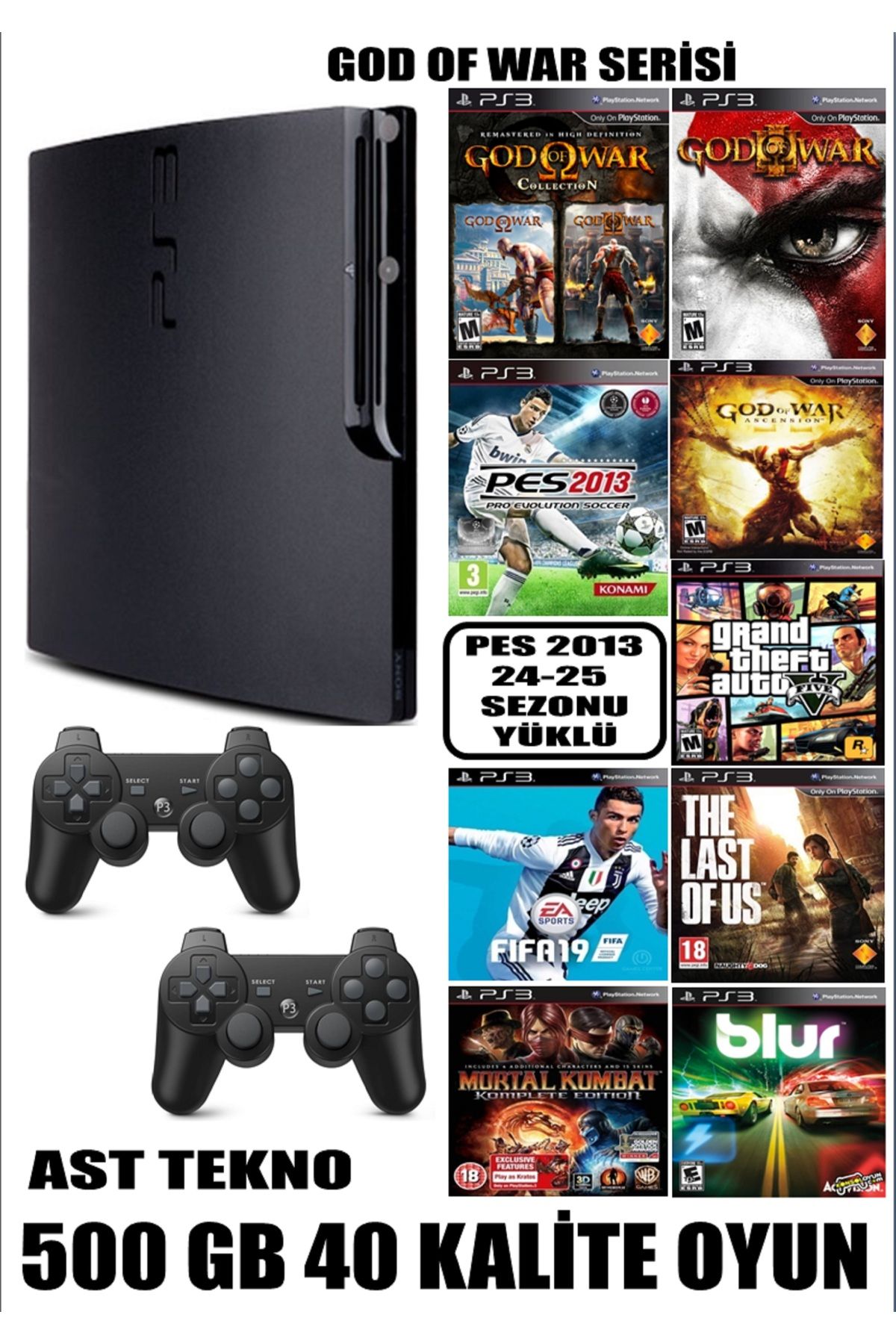 AST Sony Playstation 3 Slim 500 Gb ( Yenilenmiş ) 2 Kablosuz Kol 40 Dijital Oyun Garantili Ürün