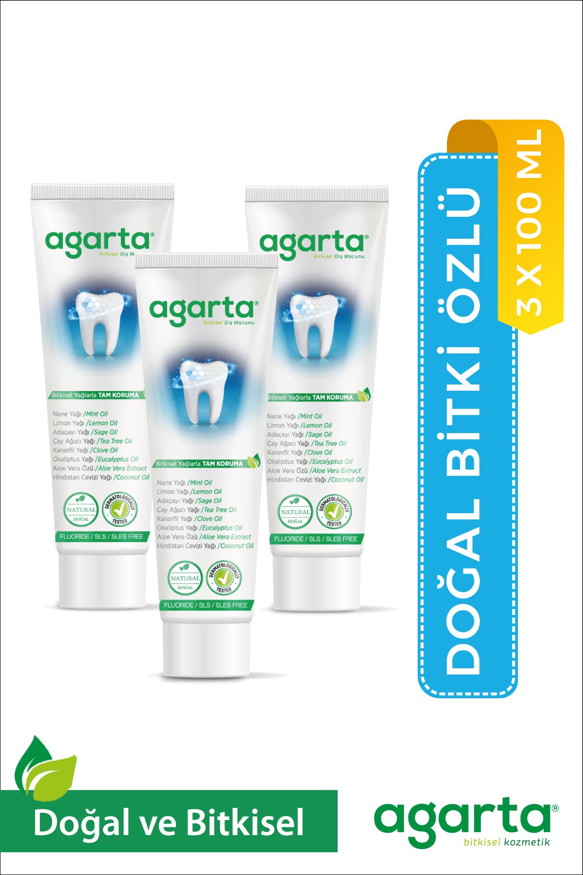 Agarta Doğal Bitki Özlü Florürsüz Diş Macunu 100 Ml/130 Gr  (3 Adet)