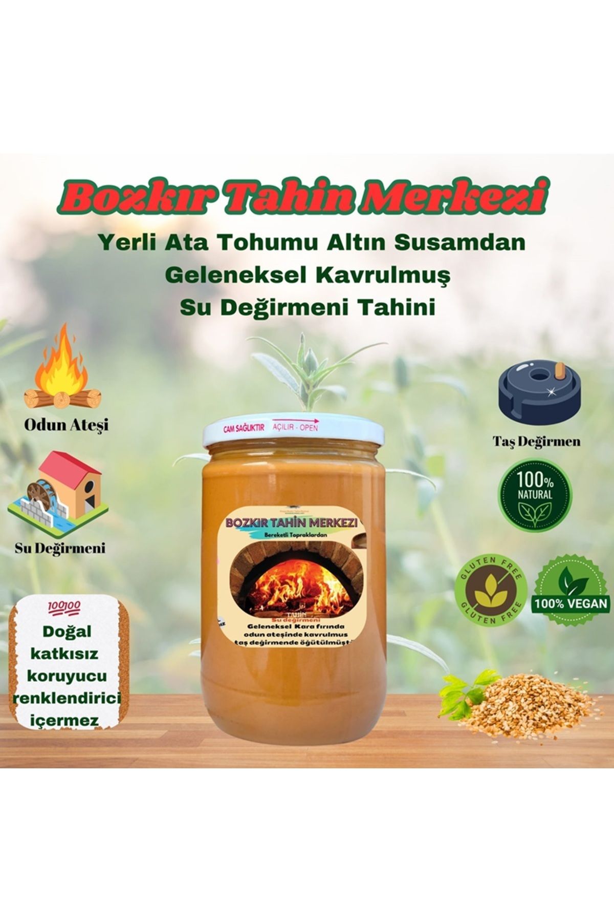 Bozkır yöresel Bozkır Tahin Merkezi Yerli Ata Tohumu Altın Susam Su Değirmeni Tahini Kavrulmuş 600 gr (vegan)