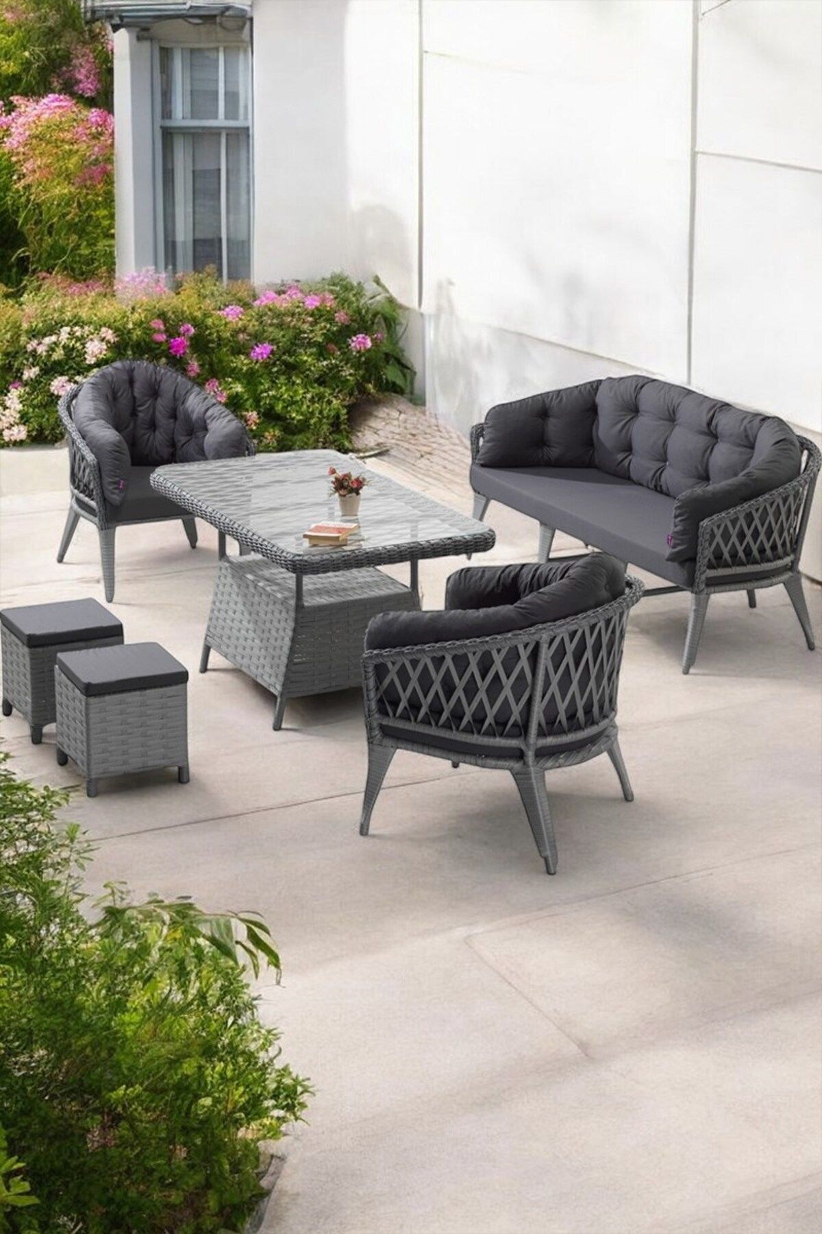 Liatris Serisi 1. Sınıf Antrasit Rattan Antrasit Minder Bahçe Takımı, Balkon Takımı
