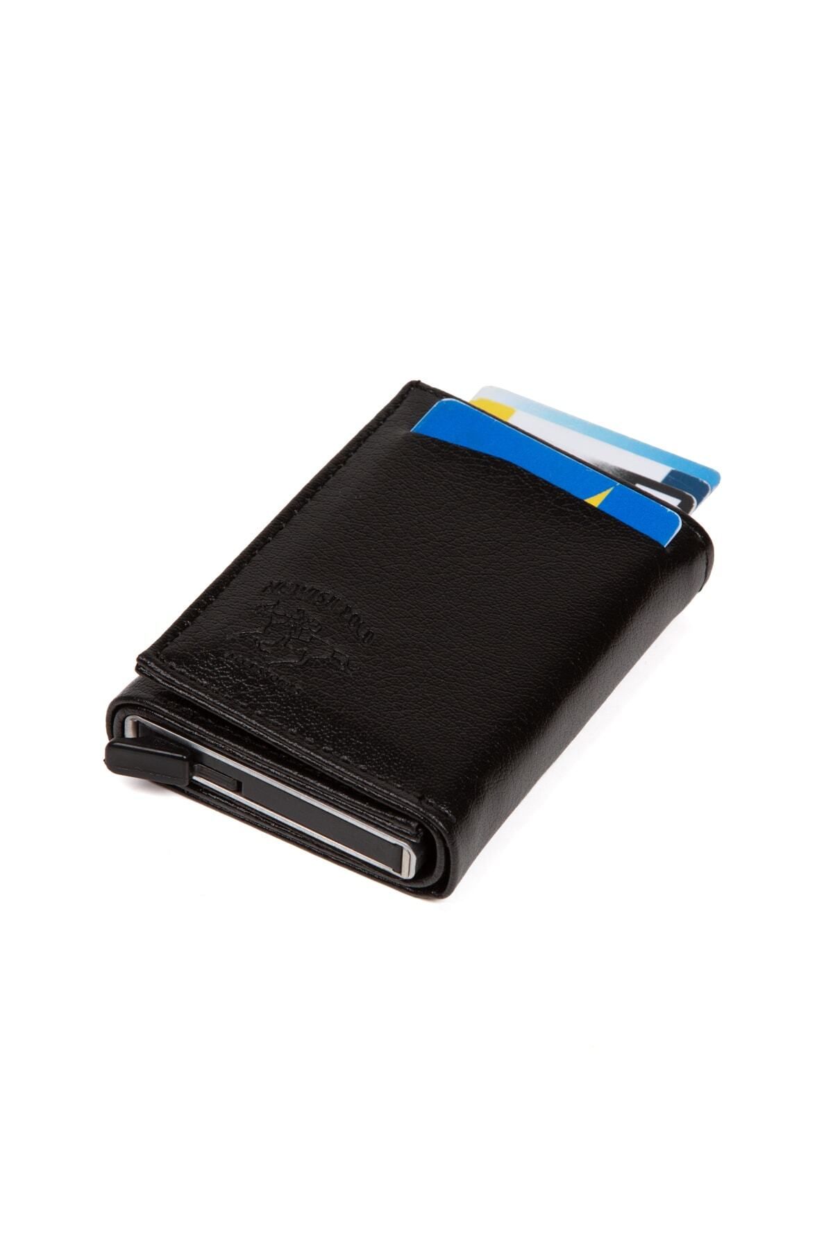 Newish Polo-Portofel unisex cu mecanism din piele neagră automată pentru carduri cu 8 bucăți compartimente pentru carduri (7CMX10CM) 8