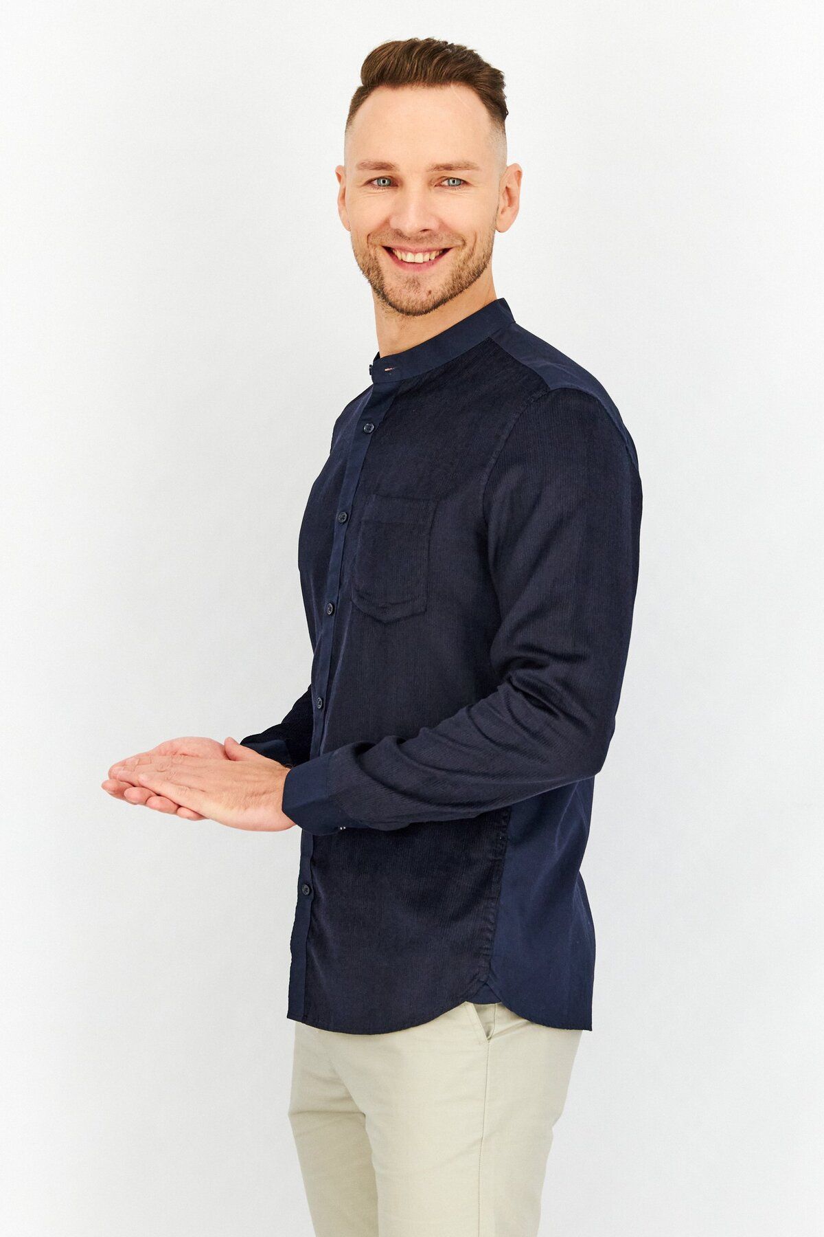 SELECTED-Men Fitted Textured Long Sleeves Casual Shirt, Navy 2