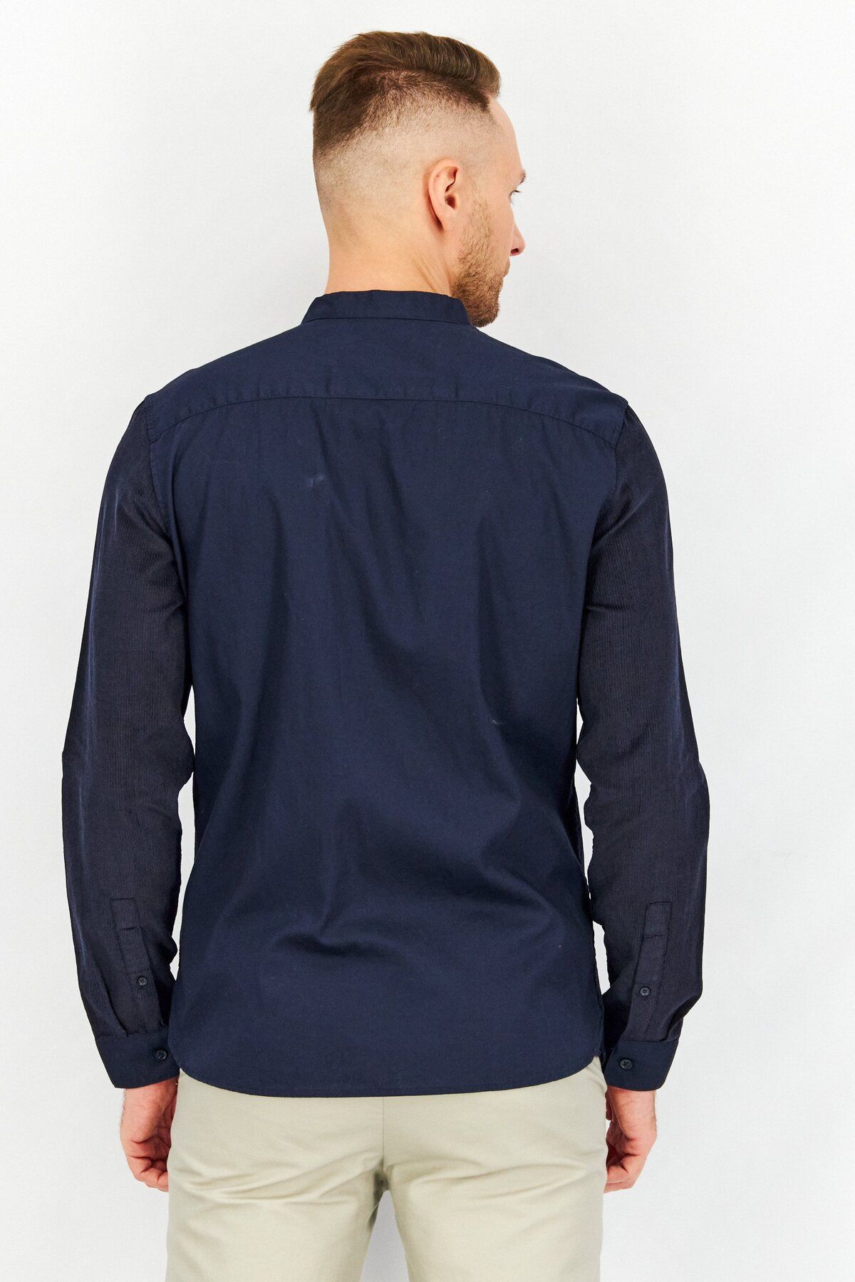 SELECTED-Men Fitted Textured Long Sleeves Casual Shirt, Navy 3