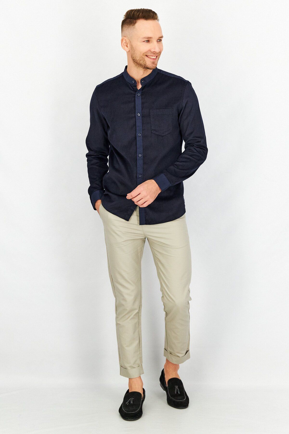 SELECTED-Men Fitted Textured Long Sleeves Casual Shirt, Navy 4