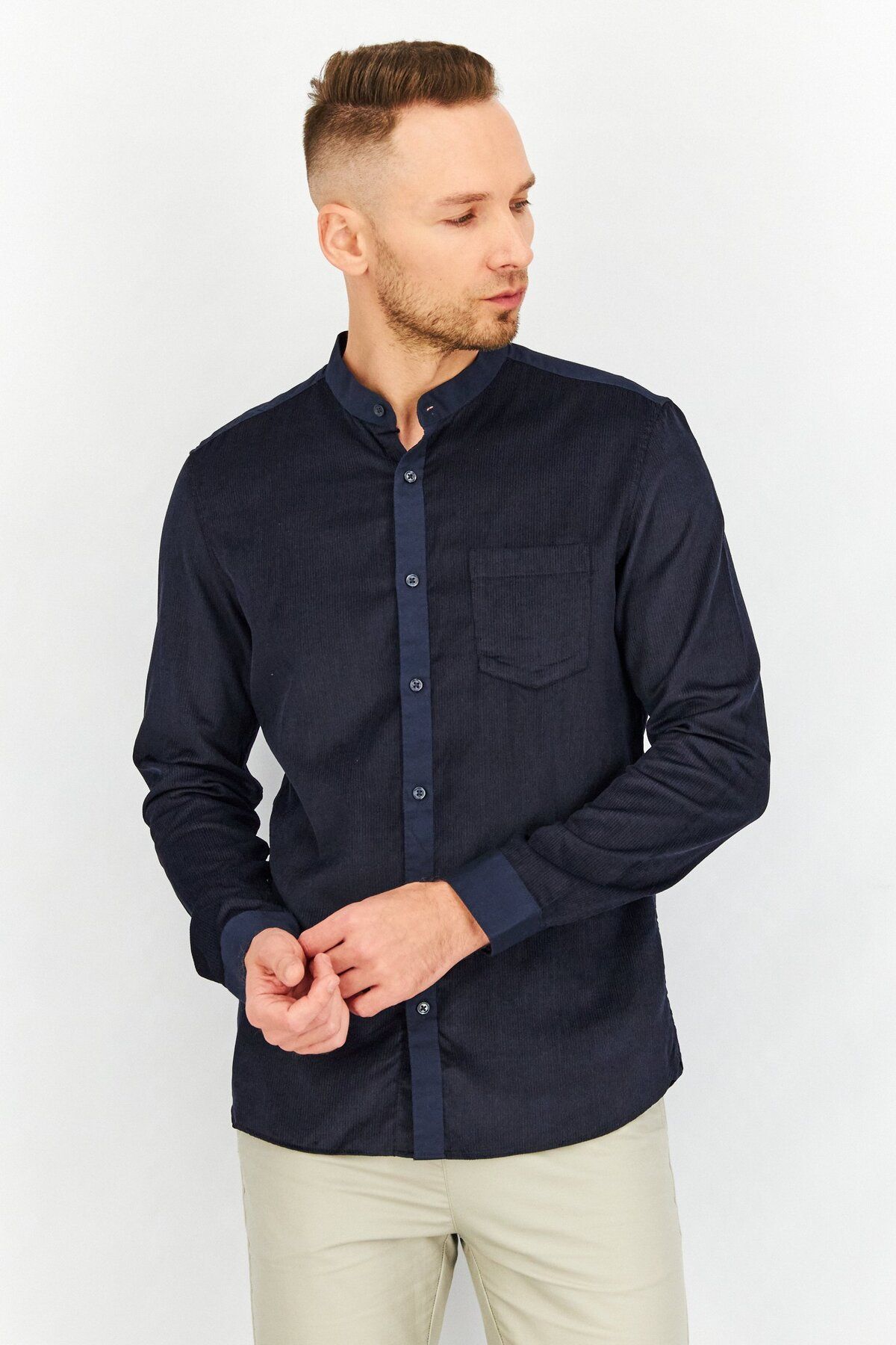 SELECTED-Men Fitted Textured Long Sleeves Casual Shirt, Navy 1