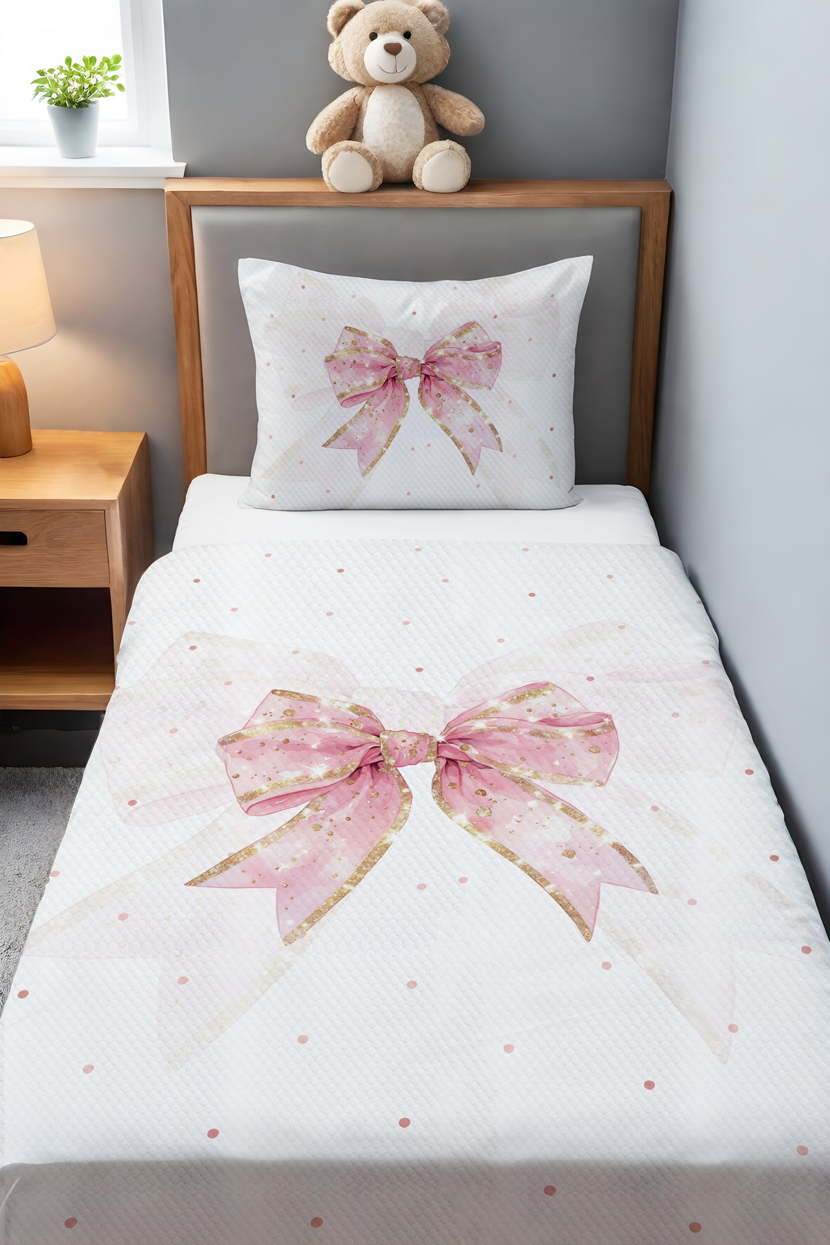 Genel Markalar Pembe Simli Puantiyeli Fiyonk Desenli Tek Kişilik Bebek Çocuk Pike Seti fotoğrafı 2 (önizleme)