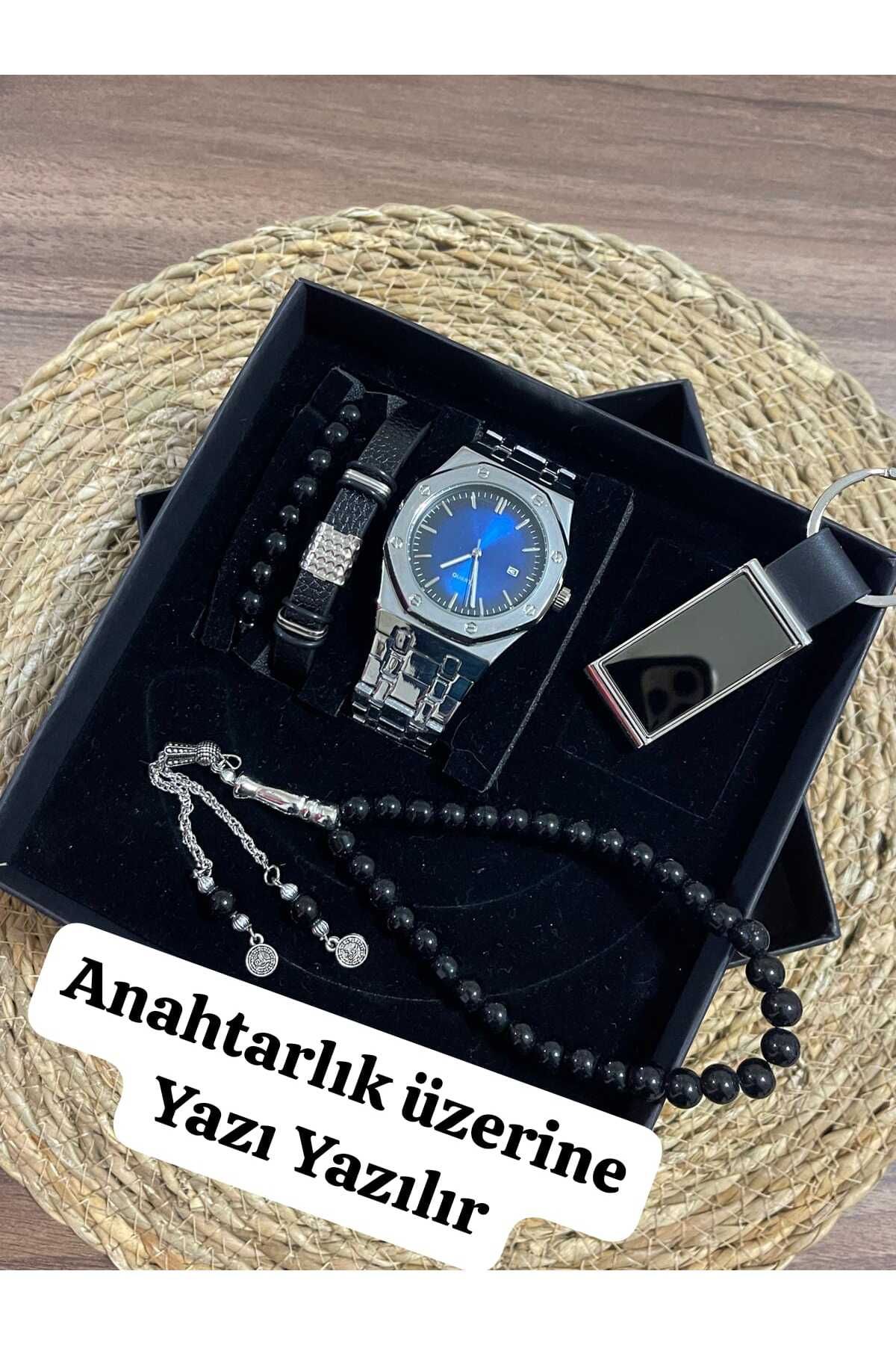 Özel Kutusunda Anahtarlıklı Hediyelik Kombin Erkek Saat Seti-( 5 Parça'lı Aksesuarlar) - 6052