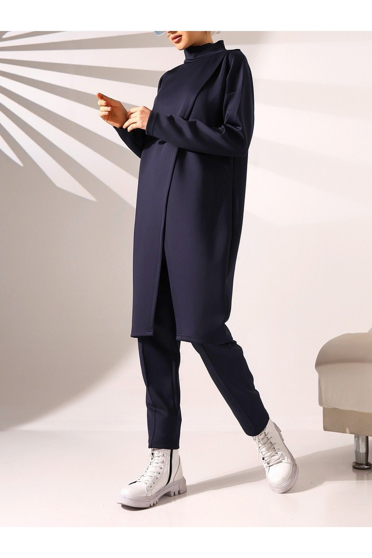Modamorfo-Scuba Fabric Stand Collar Double Layer Tunic and Trousers Set - Navy 1