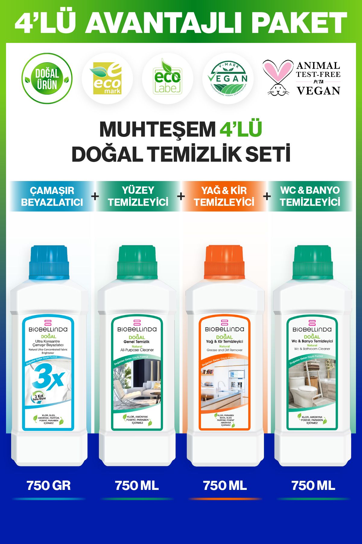 BioBellinda Yağ Kir Tem. 750 ml & Çamaşır Beyazlatıcı 3x 750 ml & Wc Banyo Tem. 750 ml & Genel Tem.(4'LÜ SET)