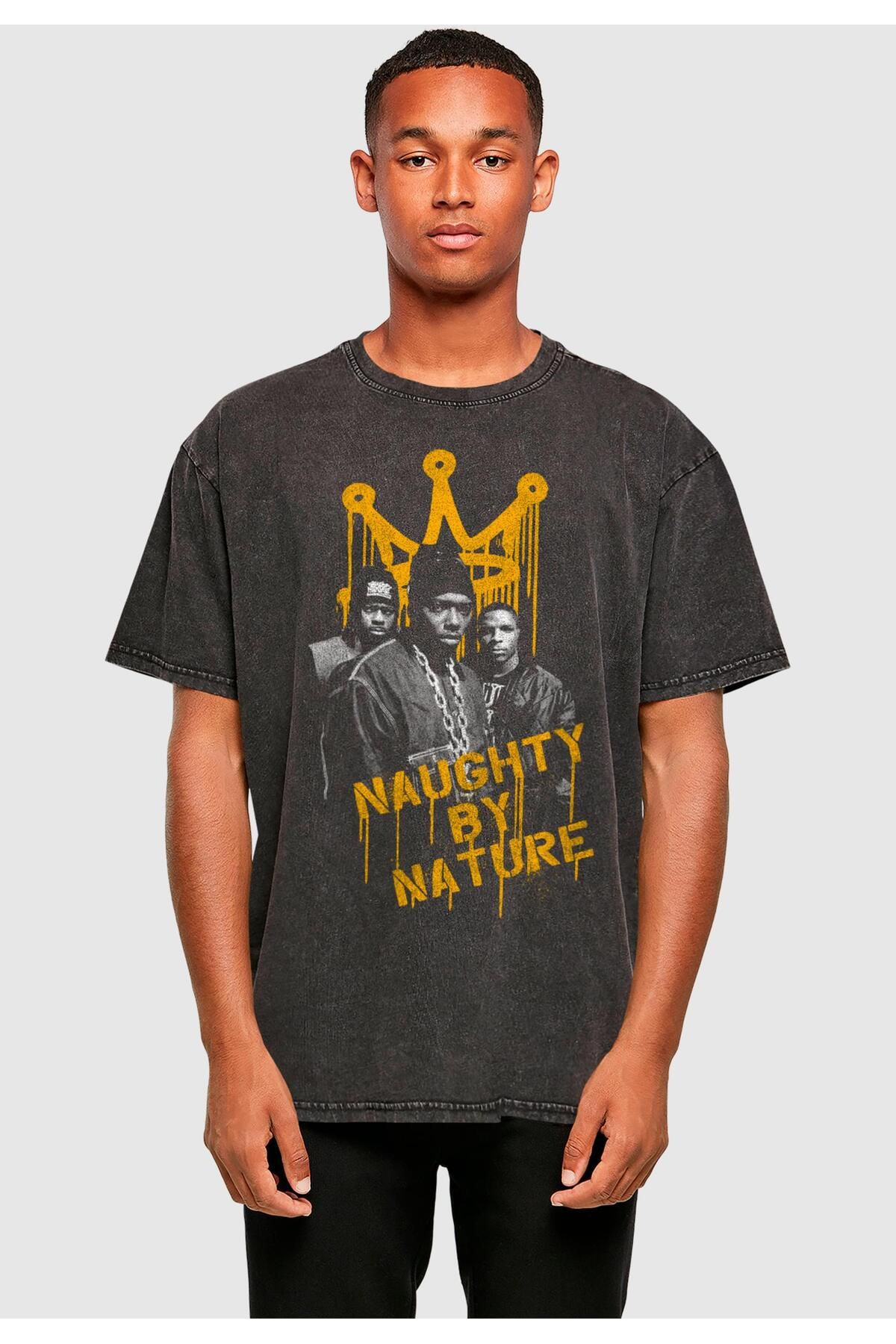 Merchcode-Naughty by Nature - Übergroßes T-Shirt mit Drip Crown-Print und Acid-Waschung 3