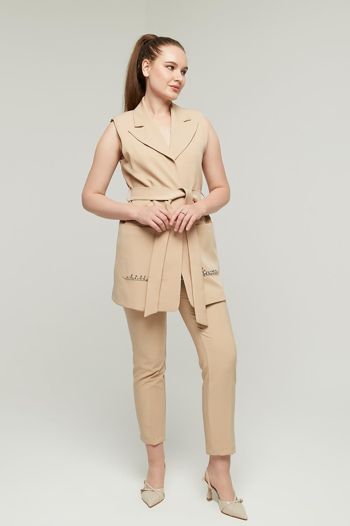 Appleline-Stoned Belted Women's Vest and Trousers Set - Mink 8