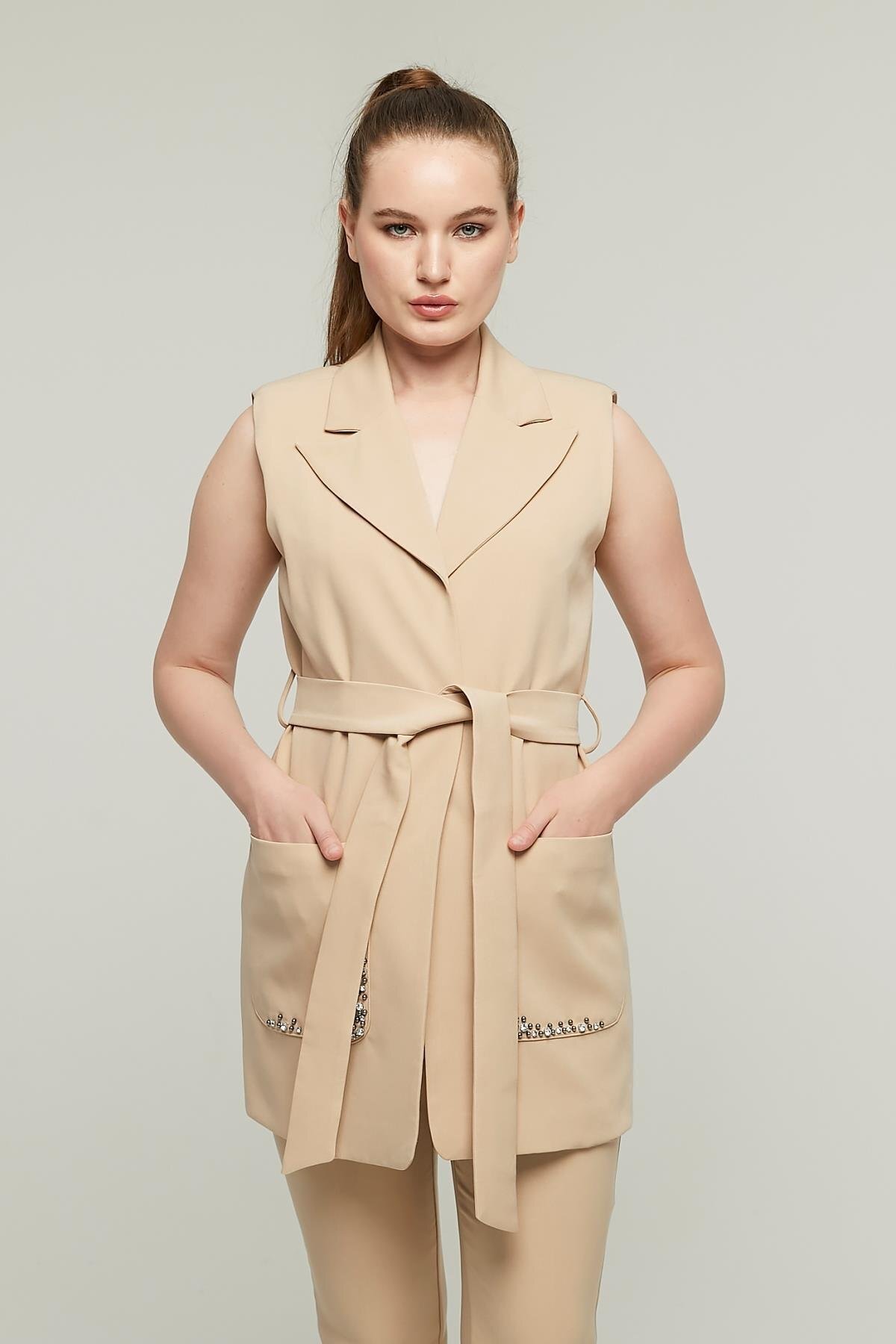 Appleline-Stoned Belted Women's Vest and Trousers Set - Mink 5
