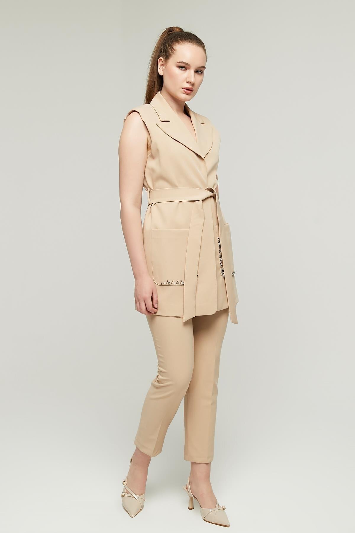 Appleline-Stoned Belted Women's Vest and Trousers Set - Mink 7